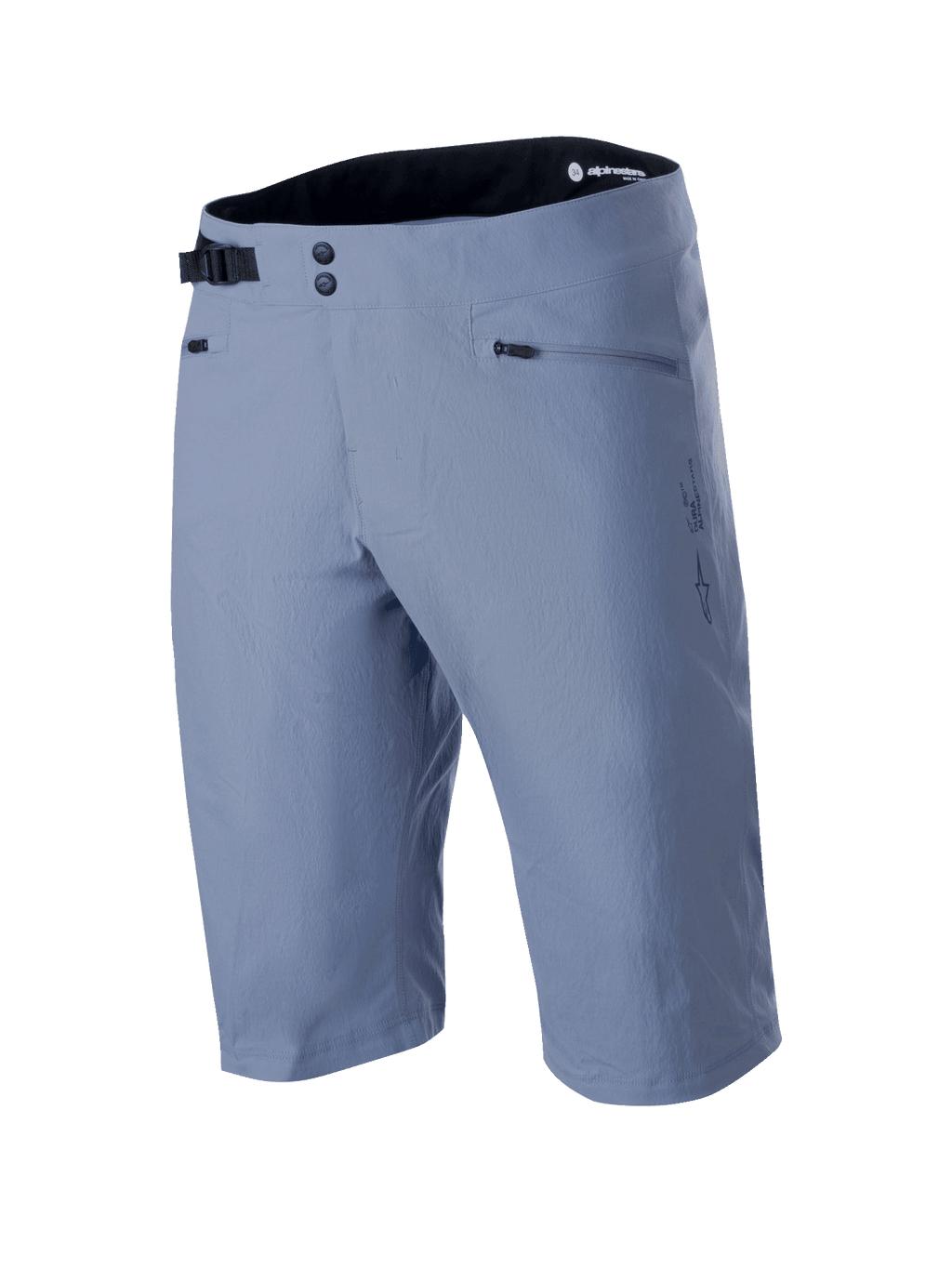 Alpinestars A-Dura Shorts, Mountainbike-Shorts, Infinity Blue, doppelter Druckknopfverschluss, verstellbare schwarze Seitenschnalle, Reißverschlusstaschen, strukturiertes 2-Wege-Stretch-Material, technische MTB-Bekleidung