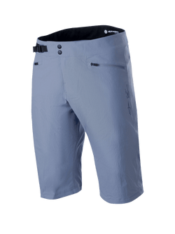 Alpinestars A-Dura Shorts, Mountain Bike Shorts, Infinity Blue, featuring double snap front closure, adjustable black side cinch buckle, zippered pockets, and textured 2-way stretch fabric, technical MTB apparel