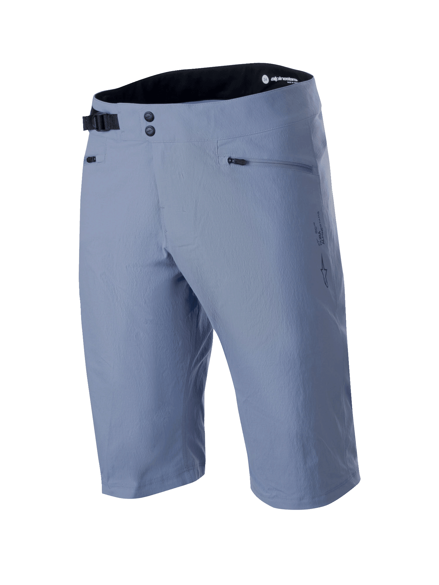 Alpinestars A-Dura Shorts, Mountain Bike Shorts, Infinity Blue, featuring double snap front closure, adjustable black side cinch buckle, zippered pockets, and textured 2-way stretch fabric, technical MTB apparel