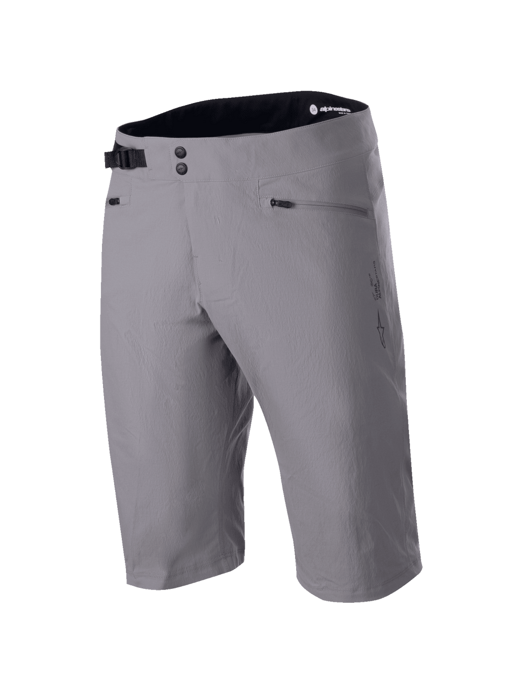 Alpinestars A-Dura Shorts, MTB-Shorts, Dunkelgrau, knielanges Design mit doppeltem Druckknopfverschluss und verstellbarem Seitenzug am Bund, Reißverschlusstaschen, technisches 2-Wege-Stretchmaterial für Mountainbiking