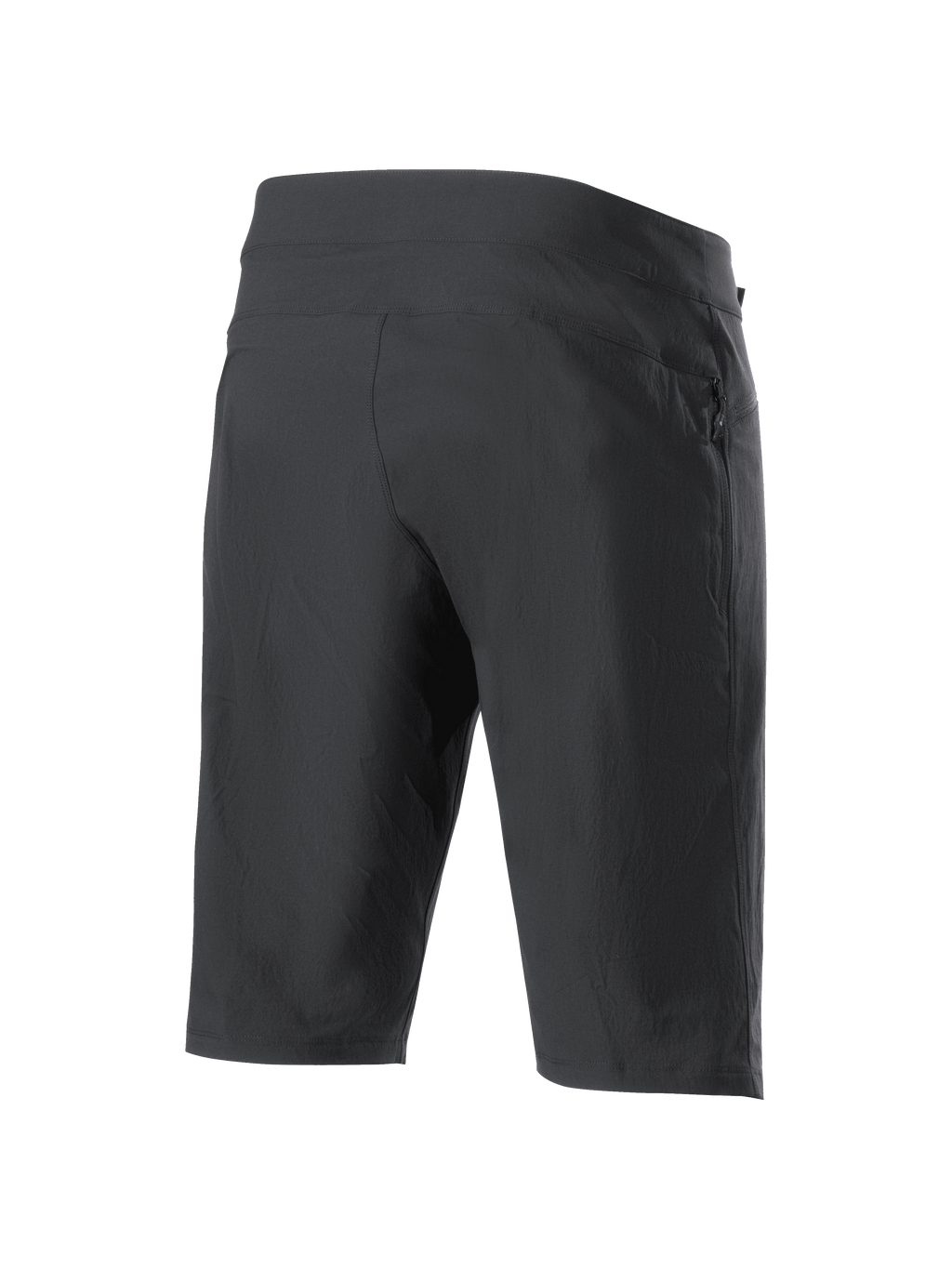 Alpinestars A-Dura Liner Shorts, schwarze MTB-Shorts, Dreiviertel-Rückansicht, mit einer seitlichen Reißverschlusstasche, strapazierfähigem Stretchgewebe und einem stromlinienförmigen, sportlichen Design für den Offroad-Radsport