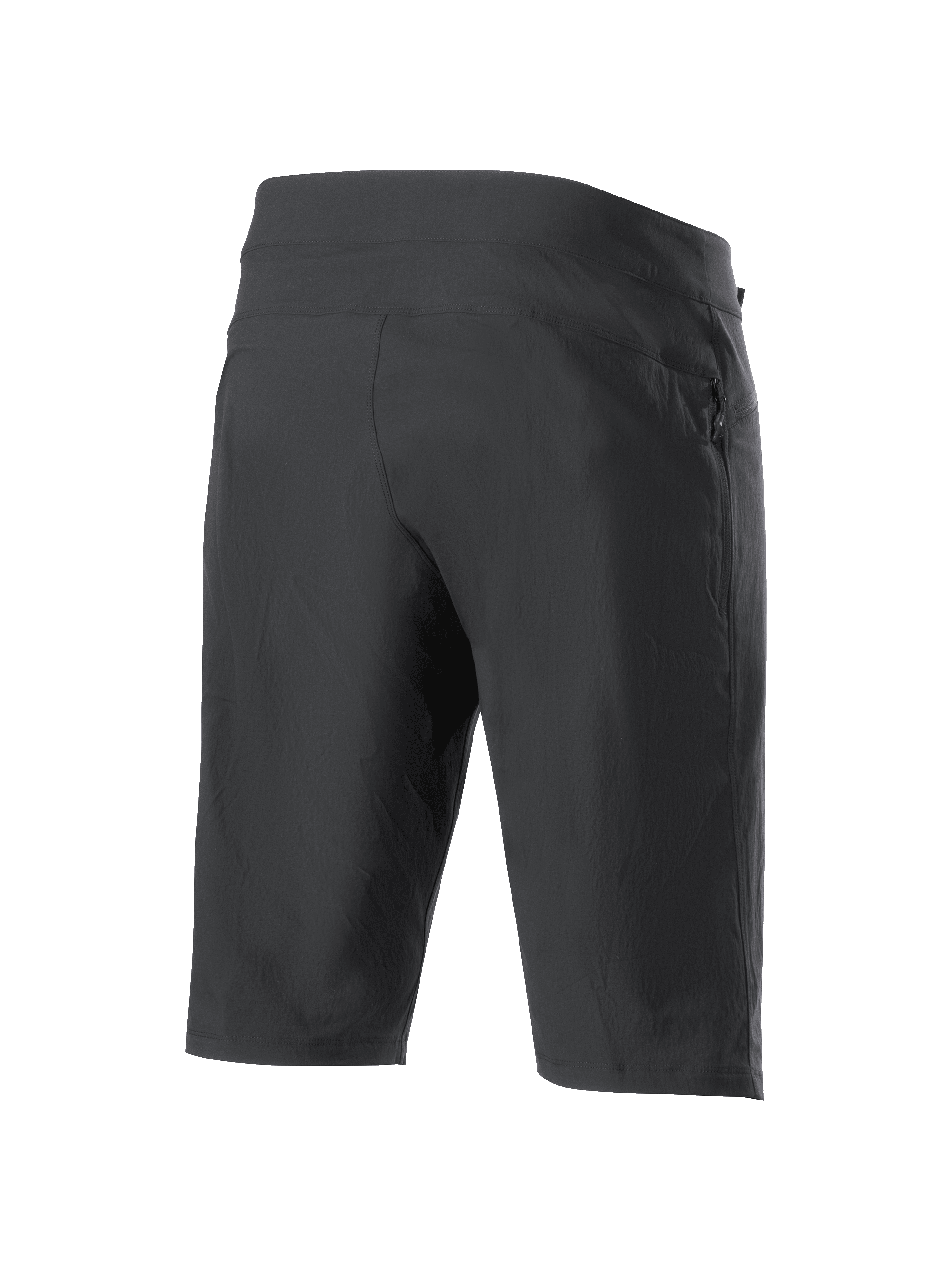 Alpinestars A-Dura Liner Shorts, schwarze MTB-Shorts, Dreiviertel-Rückansicht, mit einer seitlichen Reißverschlusstasche, strapazierfähigem Stretchgewebe und einem stromlinienförmigen, sportlichen Design für den Offroad-Radsport