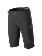 Alpinestars A-Dura Liner Shorts, Schwarze Mountainbike-Shorts, doppelter Druckknopfverschluss mit verstellbarem Seitenzug an der Taille, Reißverschlusstaschen, weißes Stern-Logo am Bein, strapazierfähiges und dehnbares Material für MTB-Fahrten