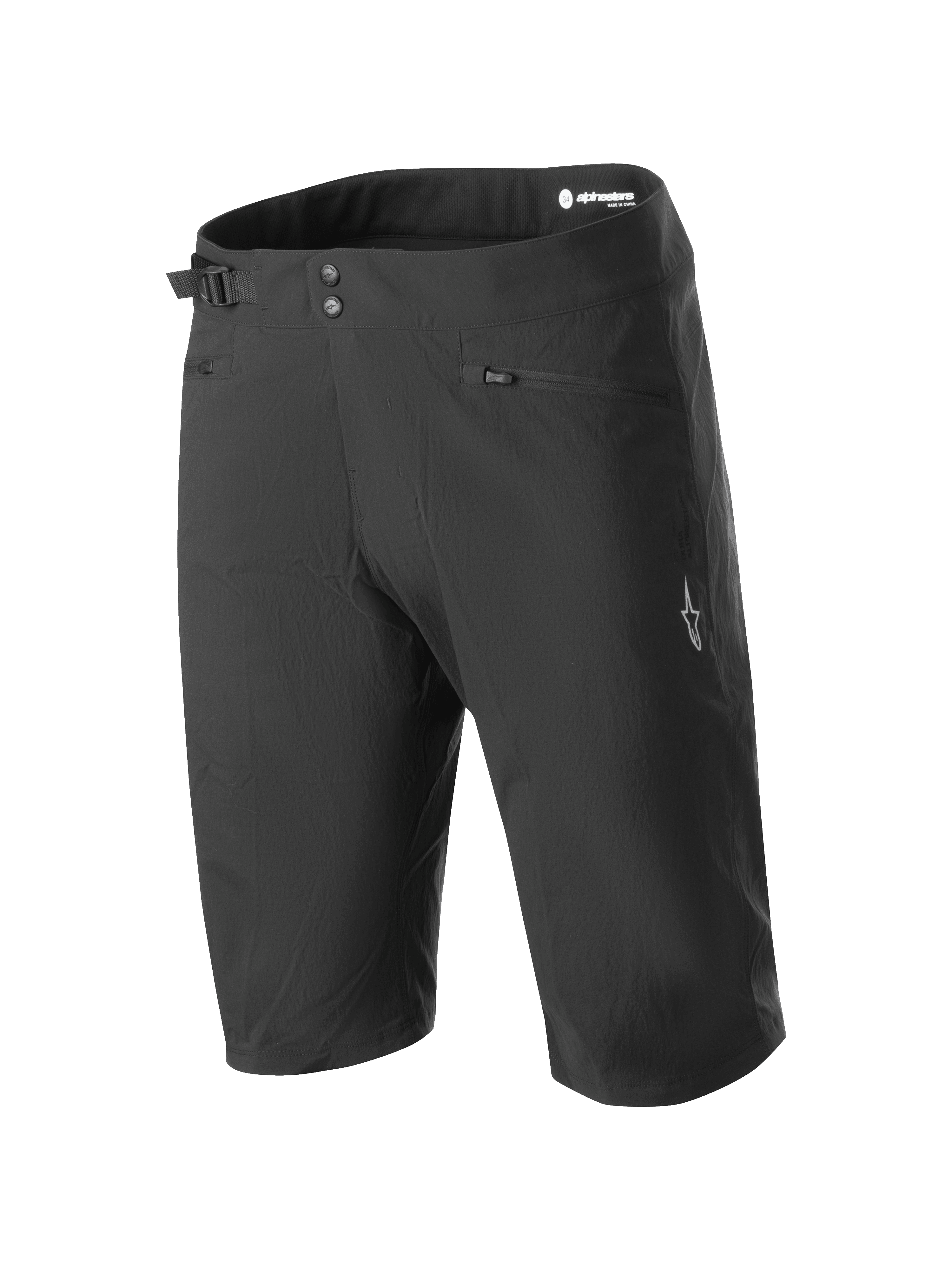 Alpinestars A-Dura Liner Shorts, Schwarze Mountainbike-Shorts, doppelter Druckknopfverschluss mit verstellbarem Seitenzug an der Taille, Reißverschlusstaschen, weißes Stern-Logo am Bein, strapazierfähiges und dehnbares Material für MTB-Fahrten