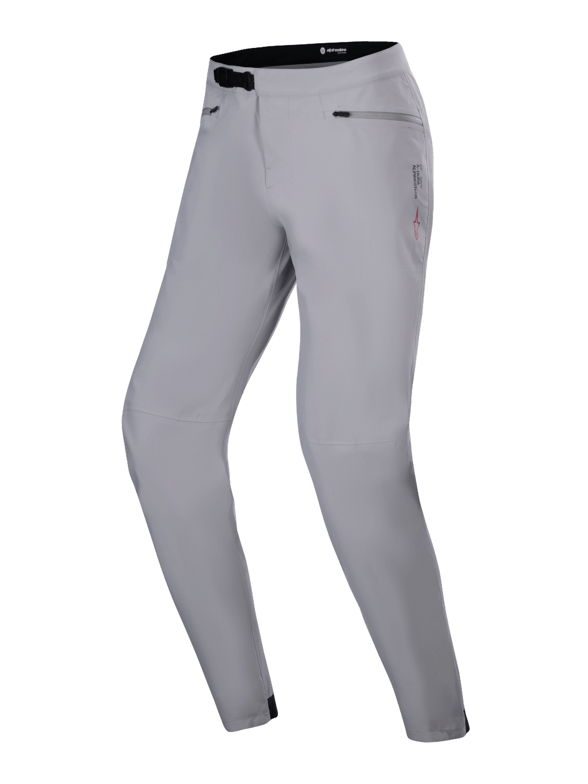 Alpinestars Stella A-Dura Waterproof Pant, Women's MTB Pants, Titanium Gray, featuring a black ratchet waist closure and zippered hand pockets, technical design with subtle branding, waterproof performance gear for cycling