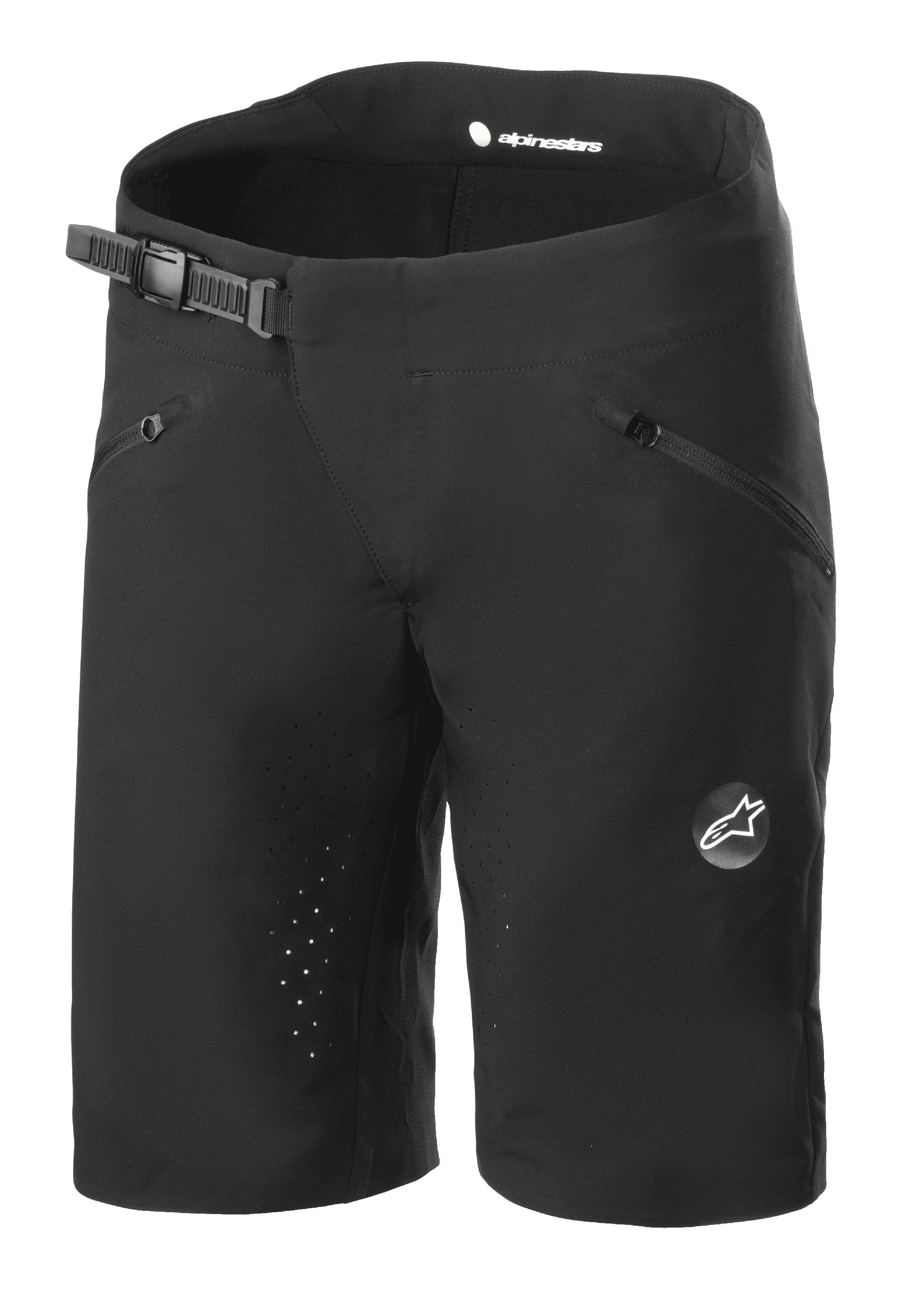 Alpinestars Stella Drop Algorithm Damen-Shorts, Mountainbike-Shorts, Schwarz, mit Ratschenverschluss am Bund, vorderen Reißverschlusstaschen, laserperforierten Innennähten zur Belüftung, leichtes Performance-Gewebe mit Alpinestars-Logo am Bein