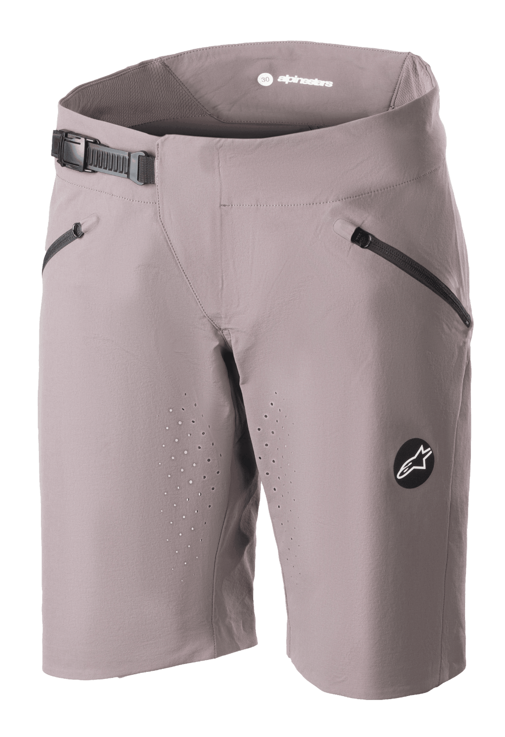 Alpinestars Stella Drop Algorithm Shorts für Damen, MTB Mountainbike-Shorts, Sparrow Gray, mit schwarzem Ratschenverschluss am Bund, Reißverschlusstaschen vorne, laserperforierten Belüftungsöffnungen und rundem Logo-Emblem, Performance-Fahrradausrüstung