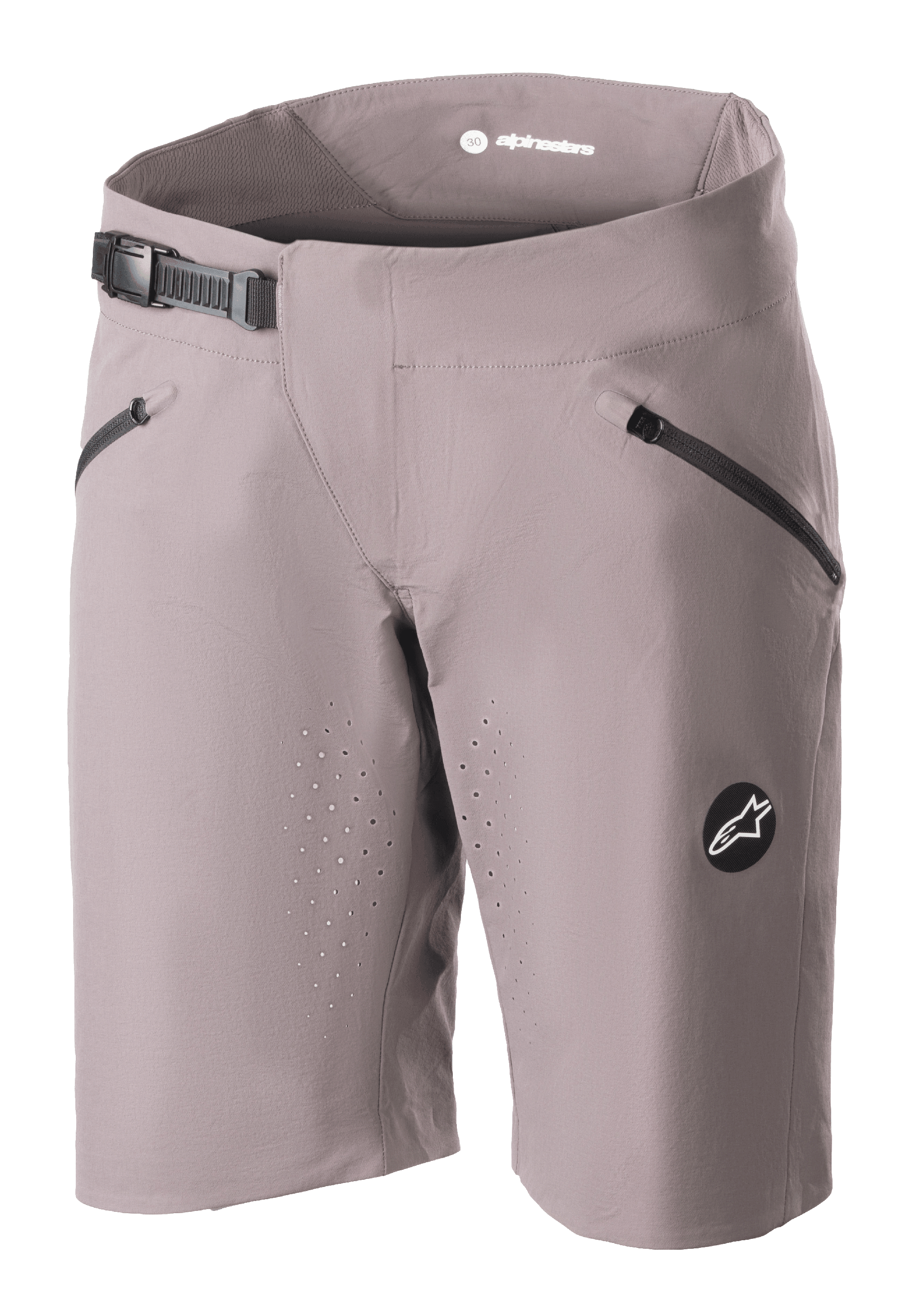 Alpinestars Stella Drop Algorithm Shorts für Damen, MTB Mountainbike-Shorts, Sparrow Gray, mit schwarzem Ratschenverschluss am Bund, Reißverschlusstaschen vorne, laserperforierten Belüftungsöffnungen und rundem Logo-Emblem, Performance-Fahrradausrüstung