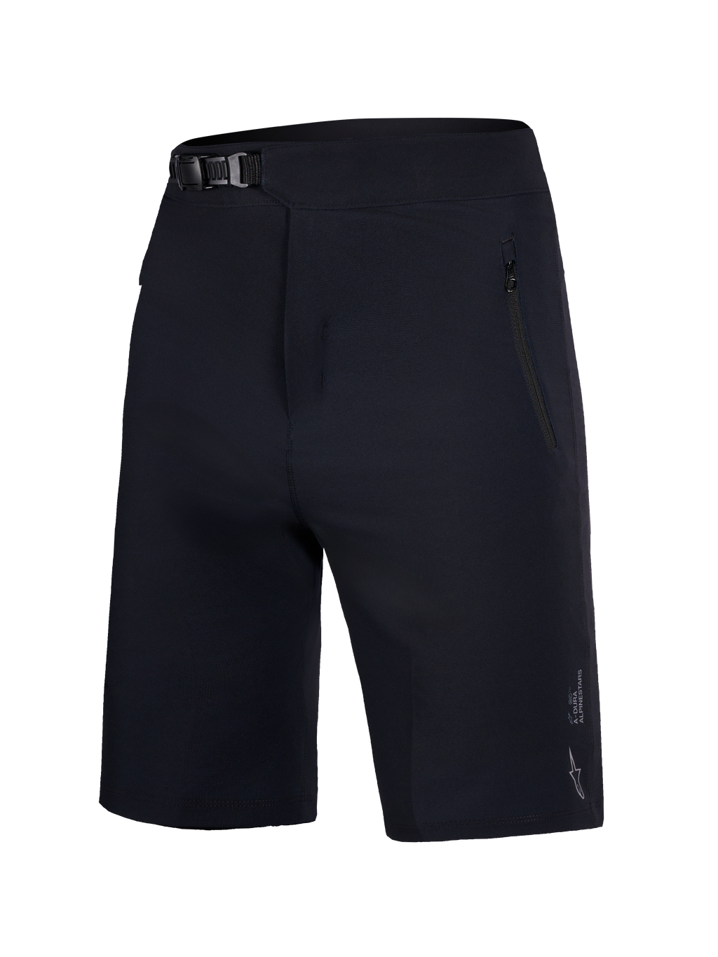 Schwarze Alpinestars A-Dura Ride Shorts für Jugendliche, robuste MTB-Hose mit Ratschenverschluss und Reißverschlusstaschen.