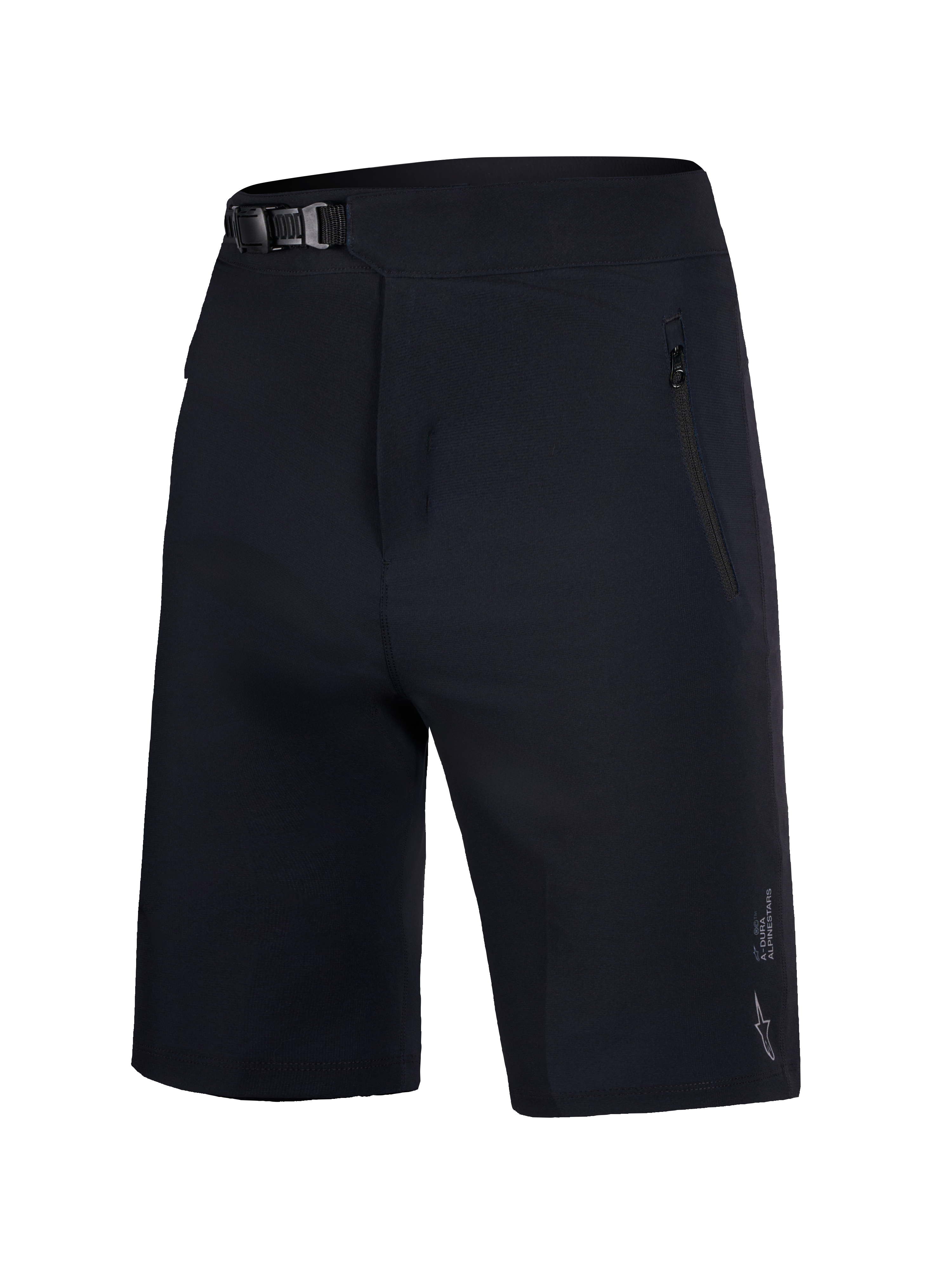 Schwarze Alpinestars A-Dura Ride Shorts für Jugendliche, robuste MTB-Hose mit Ratschenverschluss und Reißverschlusstaschen.