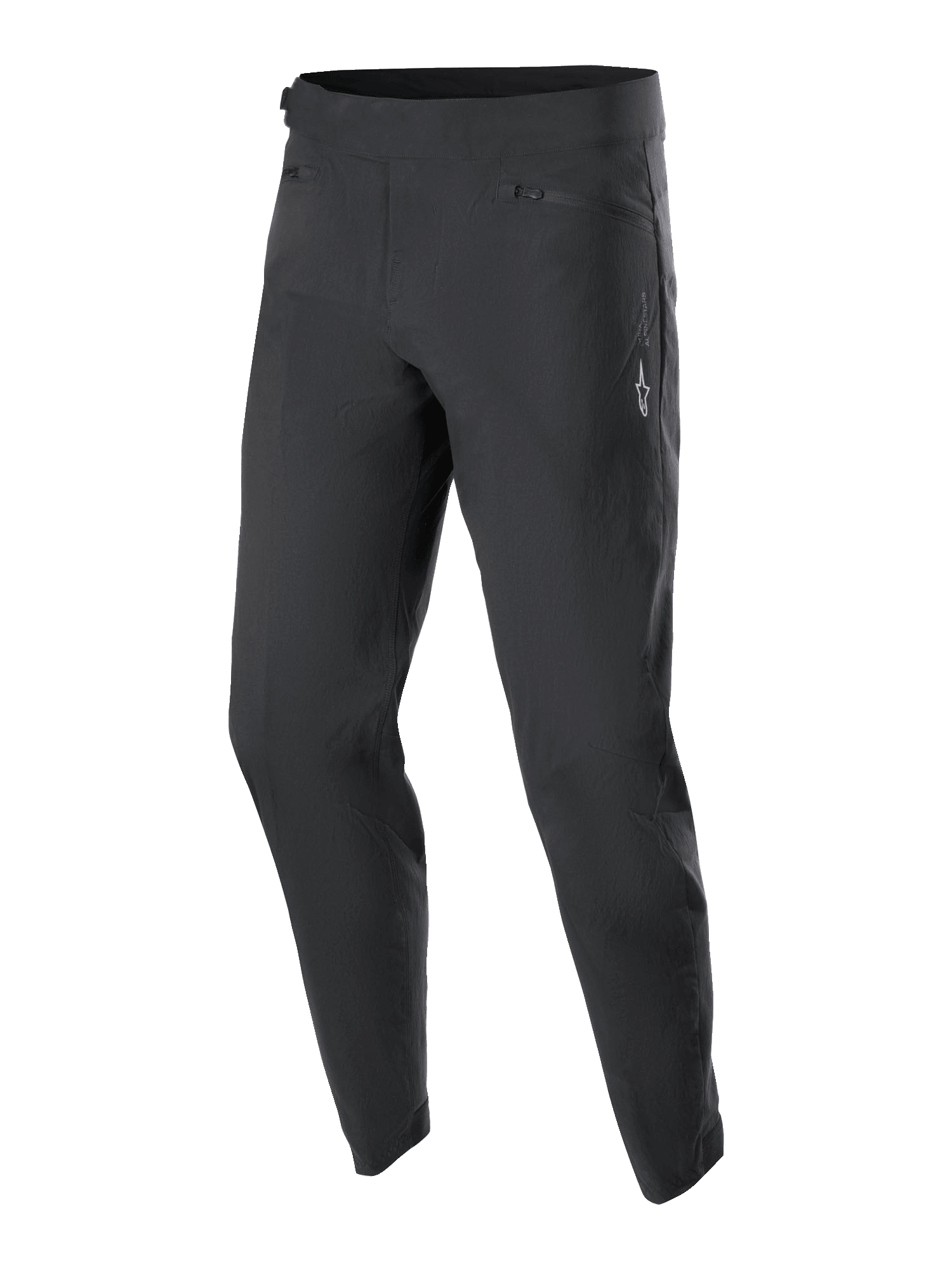Alpinestars Youth A-Dura Pants, MTB Cycling Pants, Black, featuring two zippered front pockets and a small white Alpinestars logo on the left thigh, tapered leg design, durable stretch textile for youth mountain biking