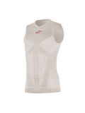 Alpinestars Tech Tank Summer, Sleeveless Base Layer, Silver Red, featuring a small red logo on the chest, body-mapped mesh ventilation panels, seamless tubular construction, ultra-lightweight technical knit