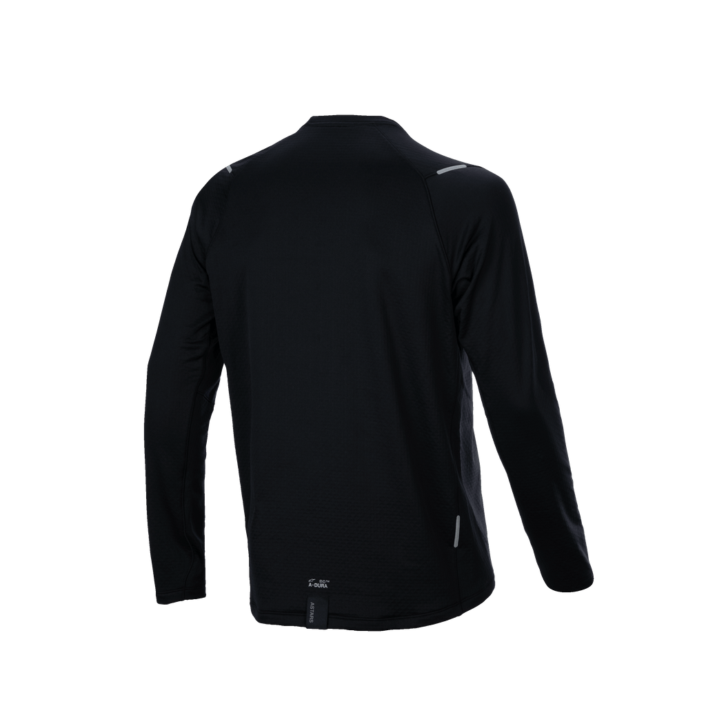Alpinestars A-Dura Thermal Trikot, Rückansicht, Schwarz, langärmeliges Mountainbike-Trikot mit verlängerter Rückenpartie und texturiertem, isoliertem Gewebe, kleinem A-Dura-Branding und reflektierenden Akzenten.