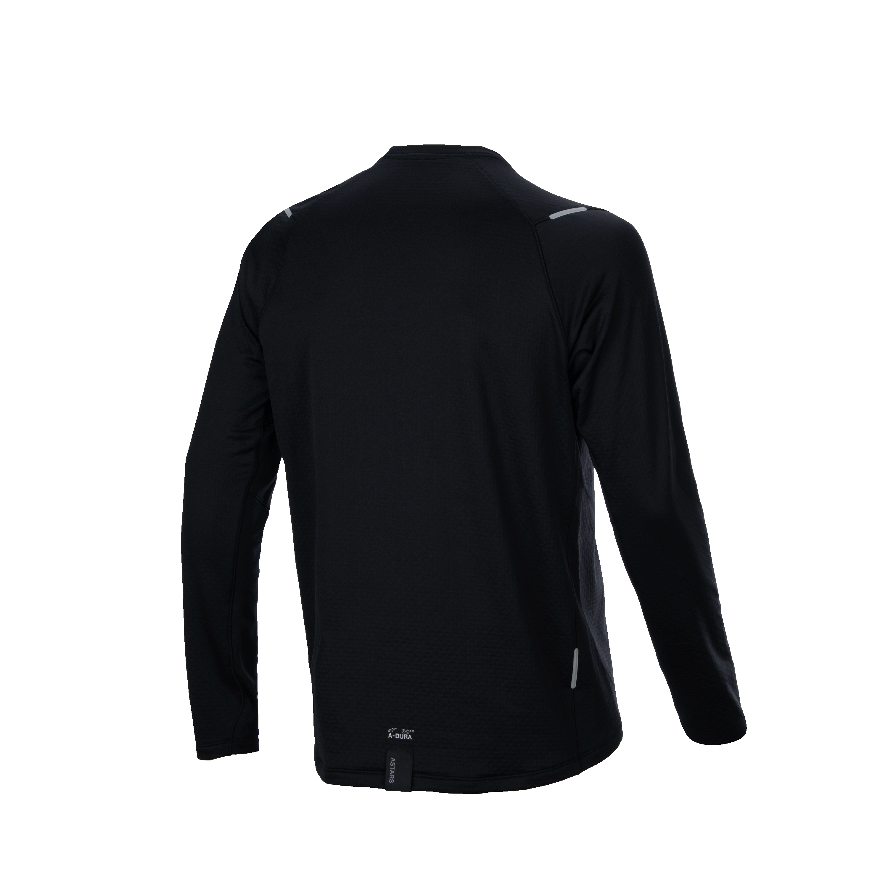 Alpinestars A-Dura Thermal Trikot, Rückansicht, Schwarz, langärmeliges Mountainbike-Trikot mit verlängerter Rückenpartie und texturiertem, isoliertem Gewebe, kleinem A-Dura-Branding und reflektierenden Akzenten.