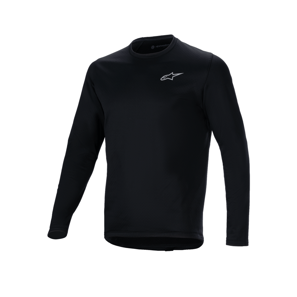 Alpinestars A-Dura Thermal Jersey, schwarzes langärmliges Radsport-Trikot, kleines weißes Alpinestars-Logo auf der Brust, verlängerte Rückenpartie für zusätzlichen Schutz, isoliertes Fleece-Futter für Fahrten bei kaltem Wetter