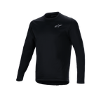 Alpinestars A-Dura Thermal Jersey, schwarzes langärmliges Radsport-Trikot, kleines weißes Alpinestars-Logo auf der Brust, verlängerte Rückenpartie für zusätzlichen Schutz, isoliertes Fleece-Futter für Fahrten bei kaltem Wetter