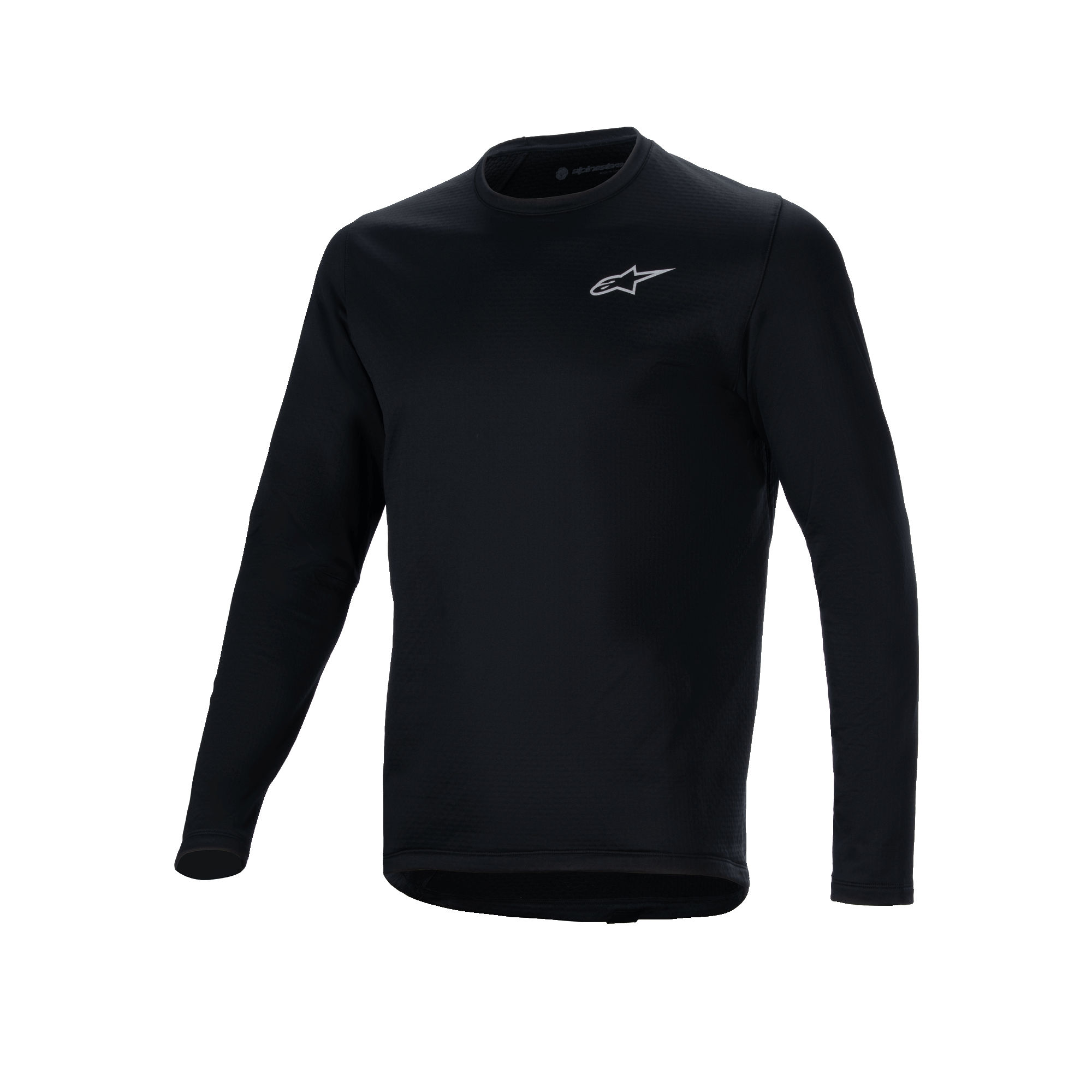 Alpinestars A-Dura Thermal Jersey, schwarzes langärmliges Radsport-Trikot, kleines weißes Alpinestars-Logo auf der Brust, verlängerte Rückenpartie für zusätzlichen Schutz, isoliertes Fleece-Futter für Fahrten bei kaltem Wetter