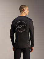 Schwarzes A-Dura Air Langarmtrikot, Rückansicht mit kreisförmiger Racing Ahead Grafik und atmungsaktivem Mesh.
