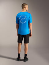 Blue Alpinestars A-Dura Air SS Jersey with white back logo paired with black A-Dura Ride Shorts for mountain biking.