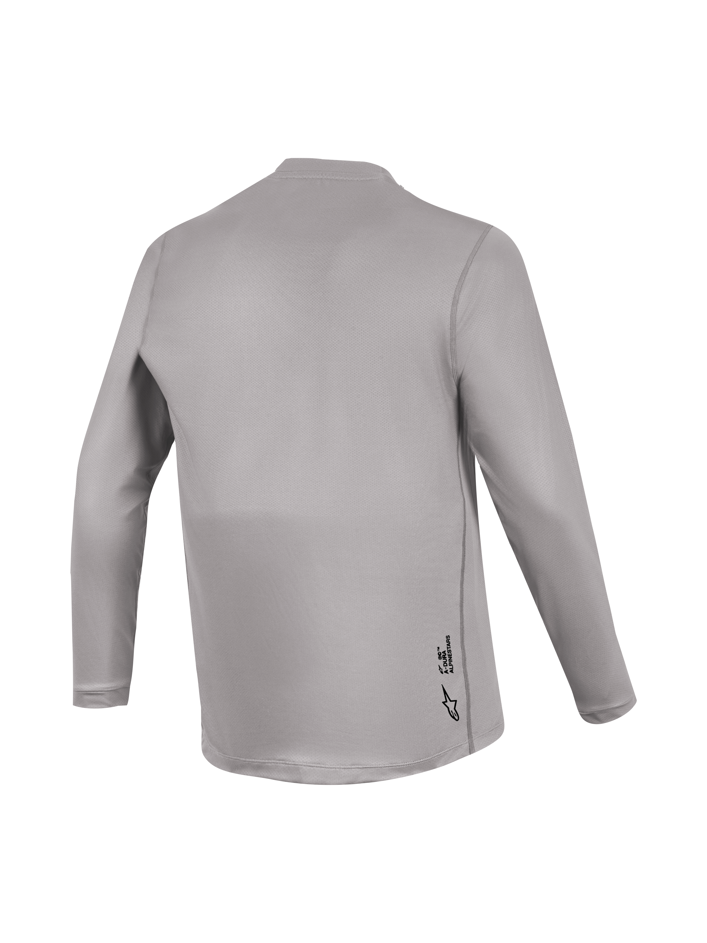 Alpinestars A-Dura Ride Langarm-Trikot, graue Rückansicht mit Jacquard-Struktur und dezentem MTB-Branding.