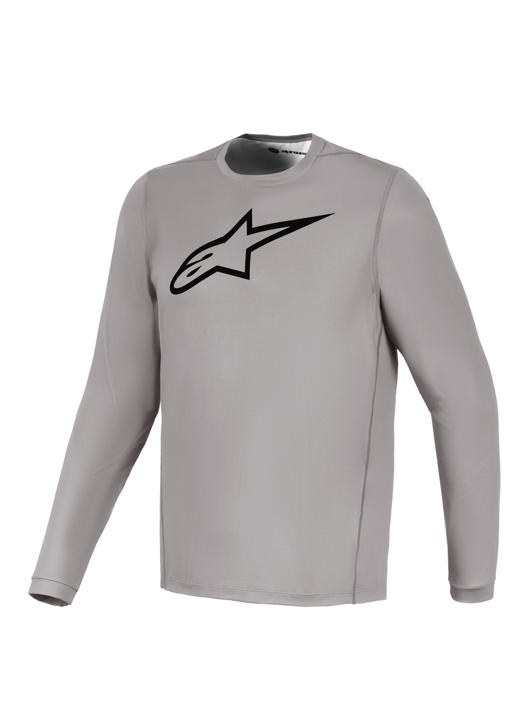 Alpinestars A-Dura Ride Langarmtrikot in Grau, schwarzes Brustlogo, atmungsaktives Stretchmaterial für MTB-Fahrten.