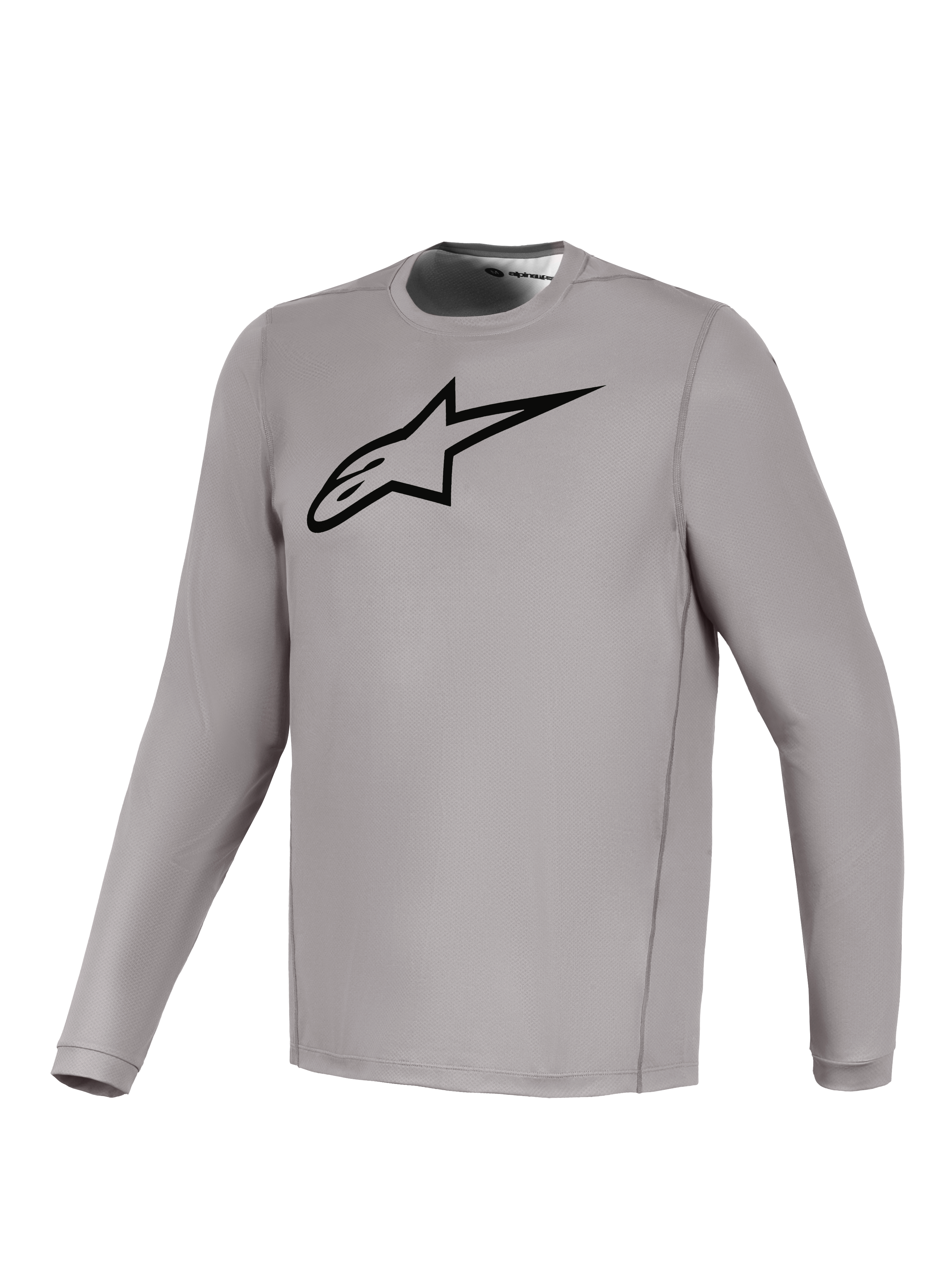 Alpinestars A-Dura Ride Langarmtrikot in Grau, schwarzes Brustlogo, atmungsaktives Stretchmaterial für MTB-Fahrten.