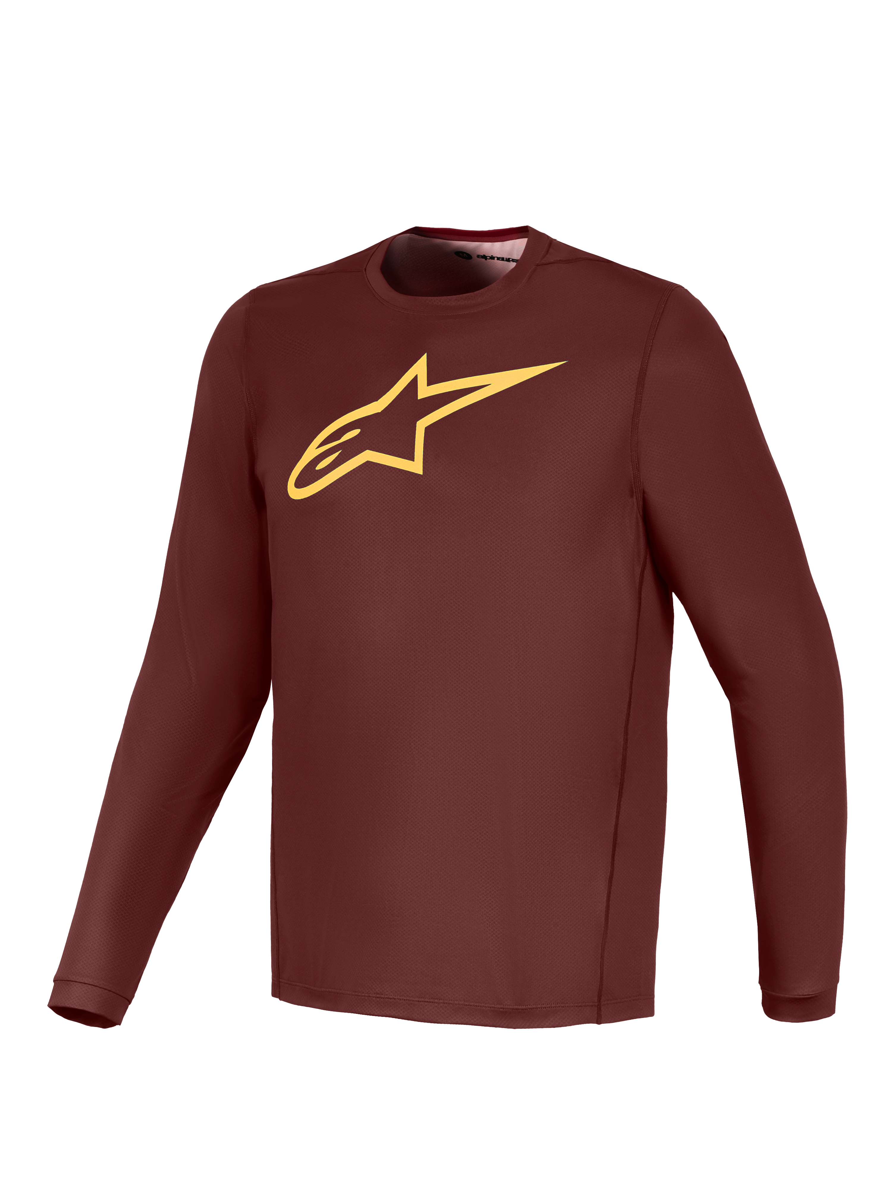 A-Dura Ride Langarm-Trikot in Bordeaux mit gelbem Alpinestars-Logo, leichte MTB-Performance-Ausrüstung.
