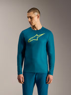 Blau-grünes A-Dura Ride Langarmtrikot mit neongelbem Alpinestars-Logo, funktionale Mountainbike-Bekleidung.