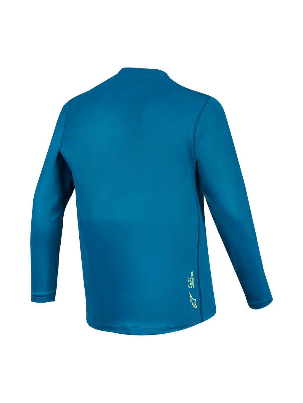 A-Dura Ride MTB-Langarmtrikot in Blaugrün, Rückansicht aus Funktionsmaterial mit kleinem gelben Astars-Logo.
