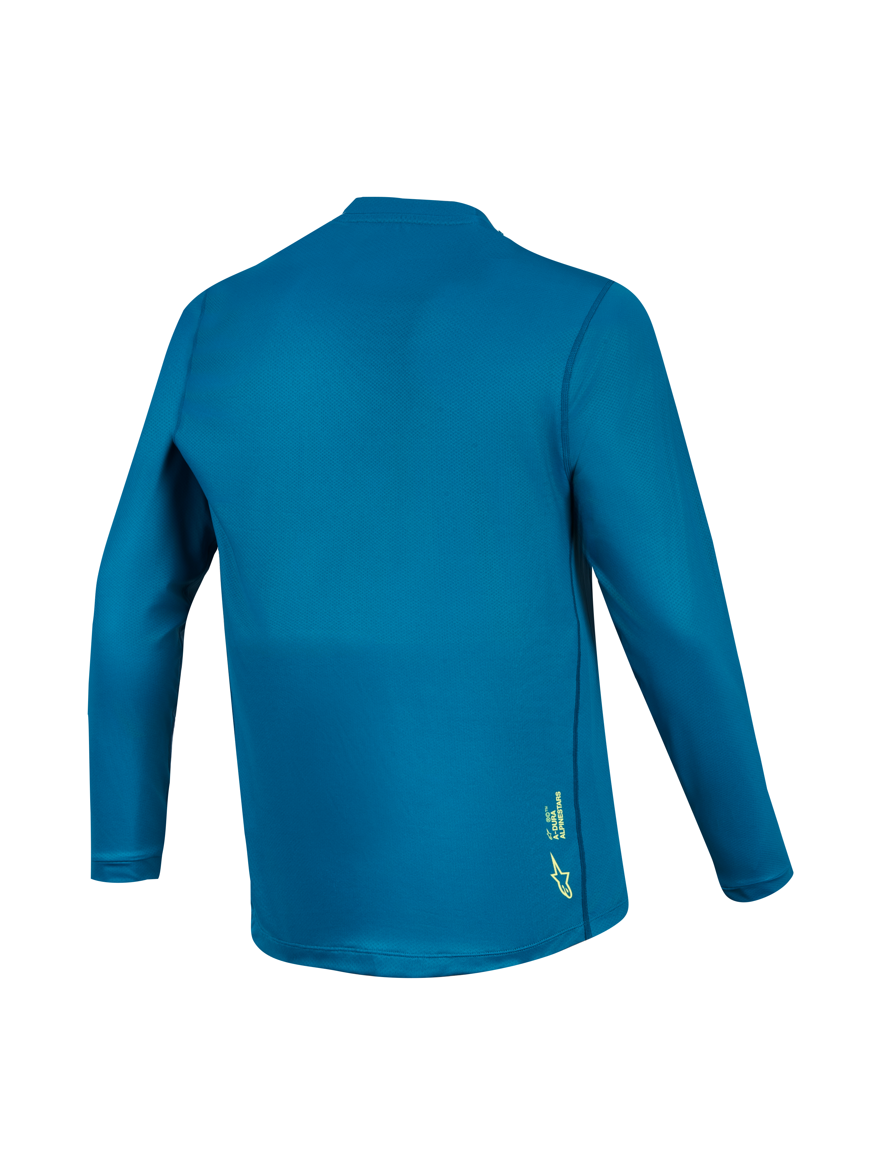 A-Dura Ride MTB-Langarmtrikot in Blaugrün, Rückansicht aus Funktionsmaterial mit kleinem gelben Astars-Logo.