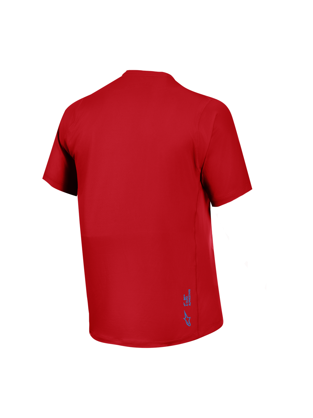 Rotes A-Dura Ride Kurzarmtrikot, Rückansicht, atmungsaktiver Jacquard-Stoff mit kleinem blauen Alpinestars-Logo.