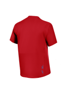 Rotes A-Dura Ride Kurzarmtrikot, Rückansicht, atmungsaktiver Jacquard-Stoff mit kleinem blauen Alpinestars-Logo.