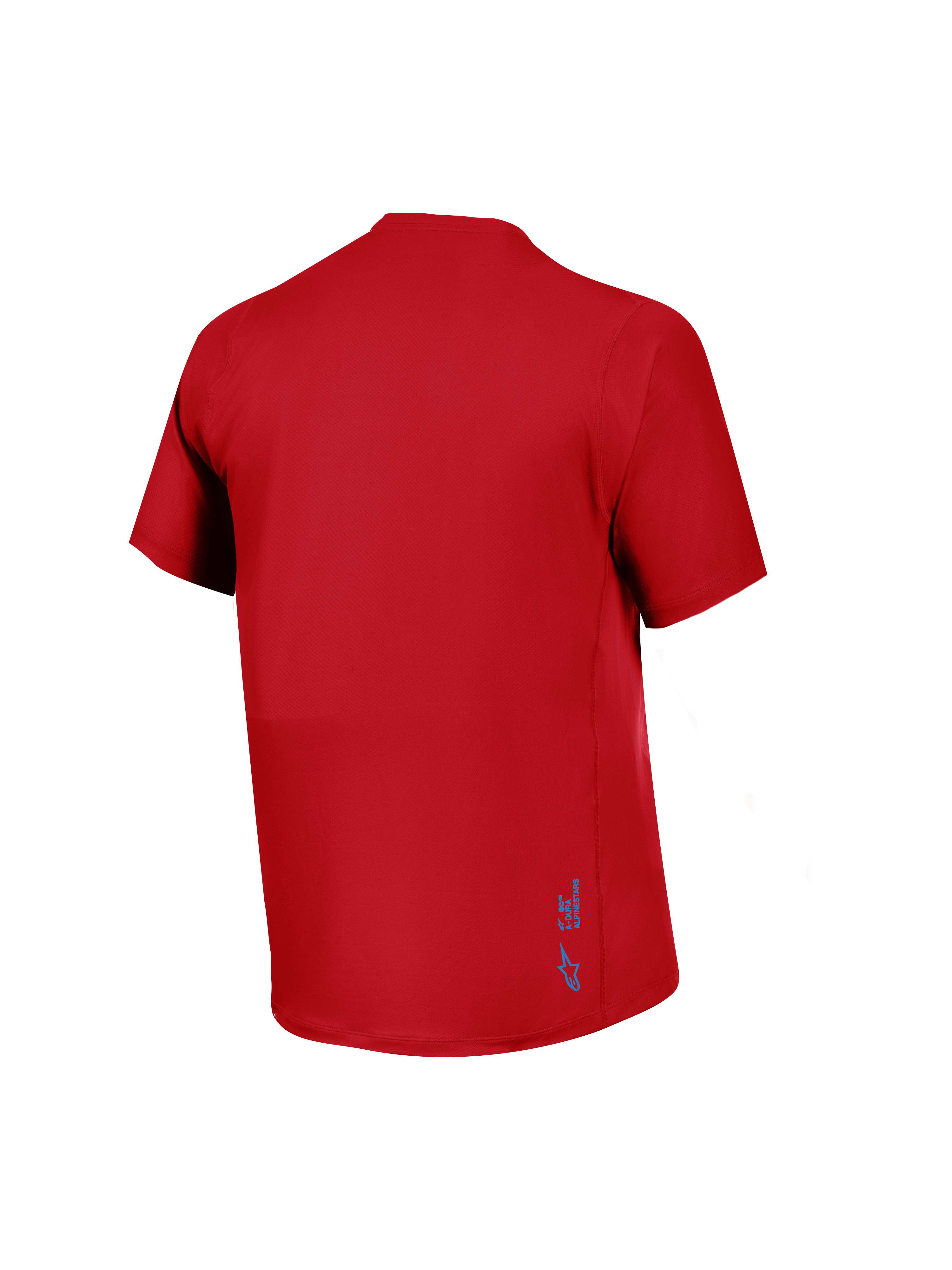Rotes A-Dura Ride Kurzarmtrikot, Rückansicht, atmungsaktiver Jacquard-Stoff mit kleinem blauen Alpinestars-Logo.