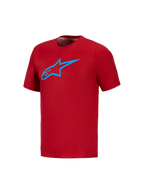 Alpinestars A-Dura Ride Kurzarmtrikot in Rot mit leuchtend blauem Astars-Logo, funktionelles MTB-Shirt für Trails.