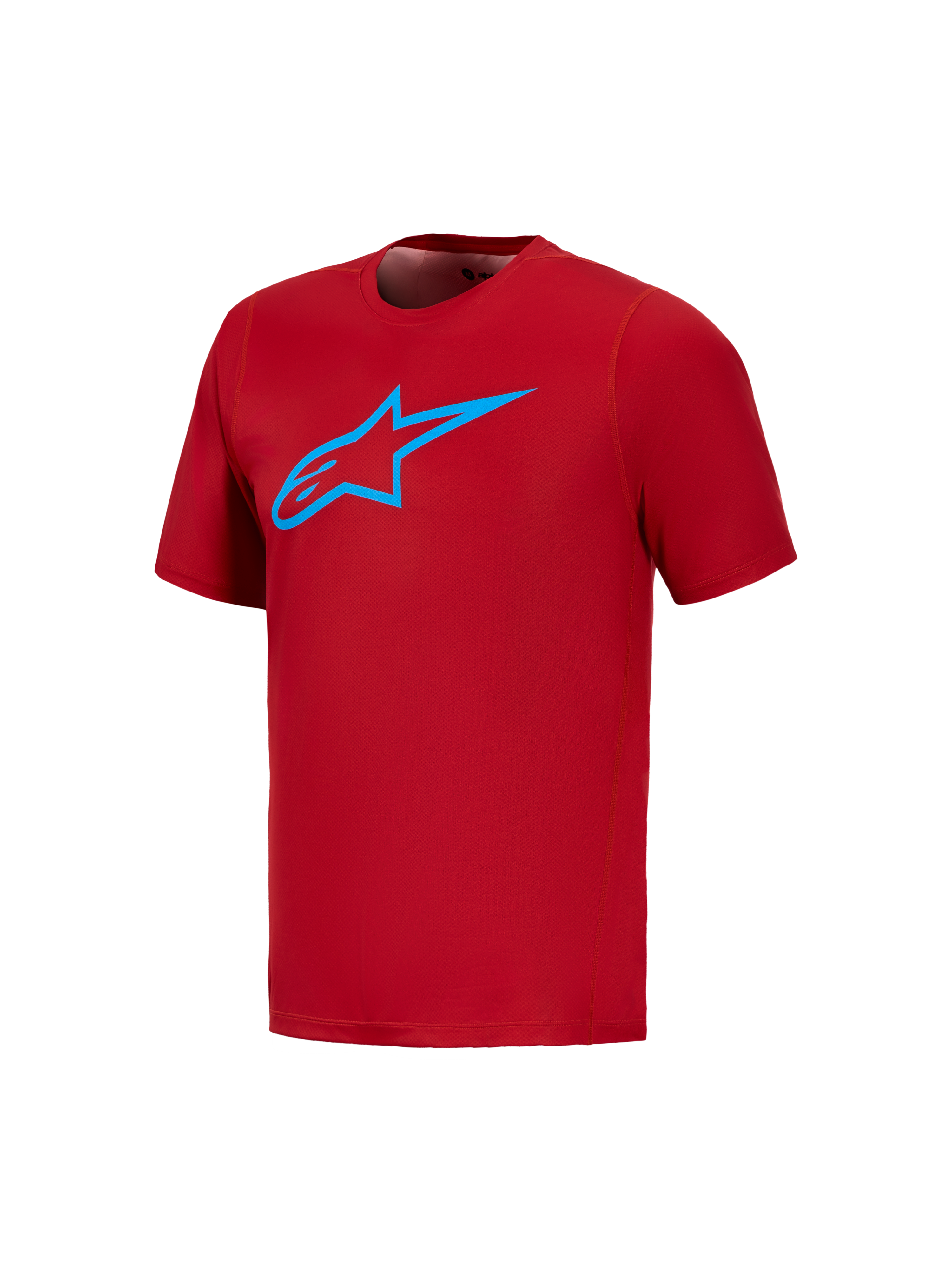 Alpinestars A-Dura Ride Kurzarmtrikot in Rot mit leuchtend blauem Astars-Logo, funktionelles MTB-Shirt für Trails.