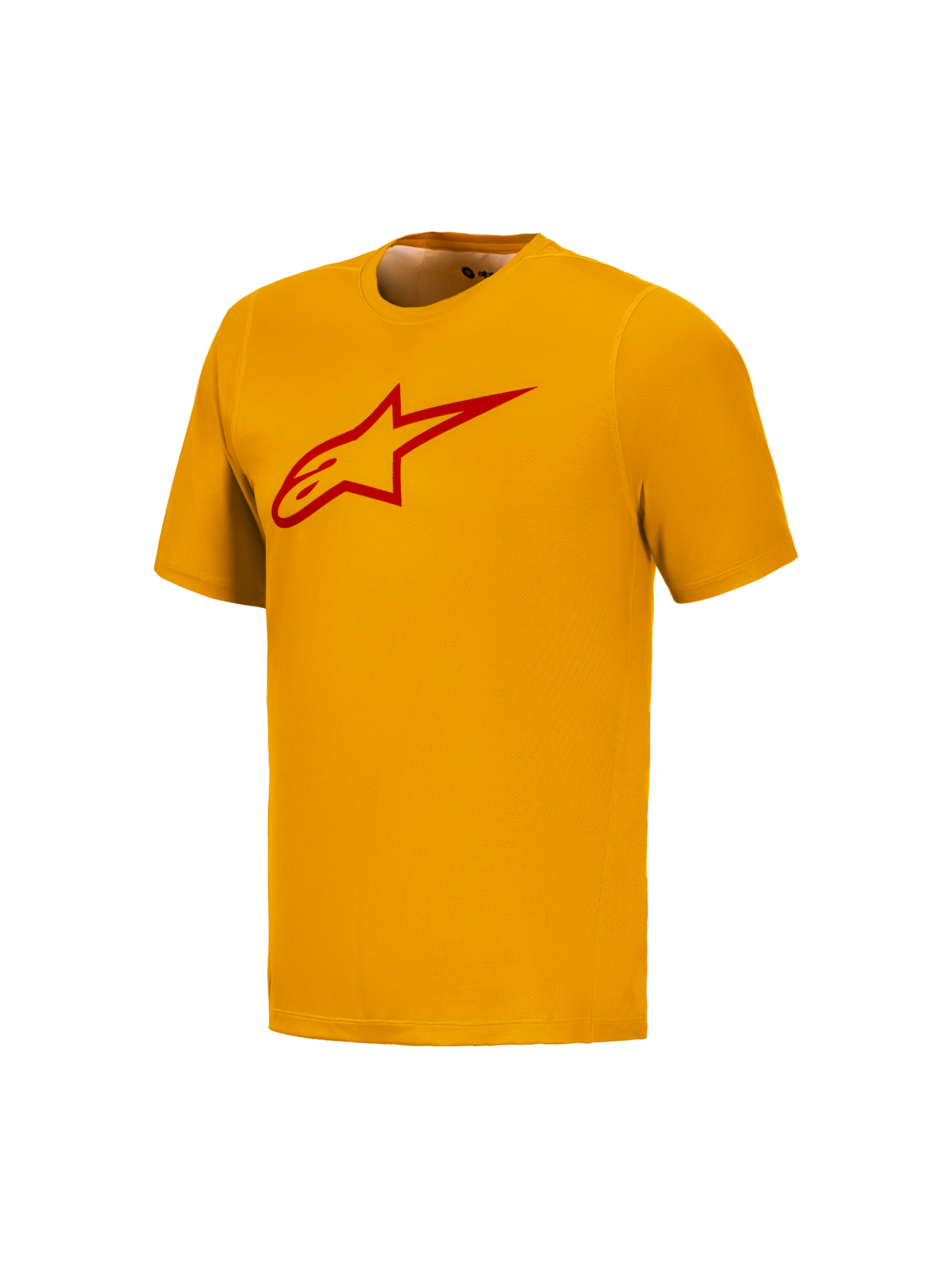 Oranges A-Dura Ride Kurzarmtrikot mit rotem Astars-Logo auf der Brust, Hochleistungs-MTB-Bekleidung von Alpinestars