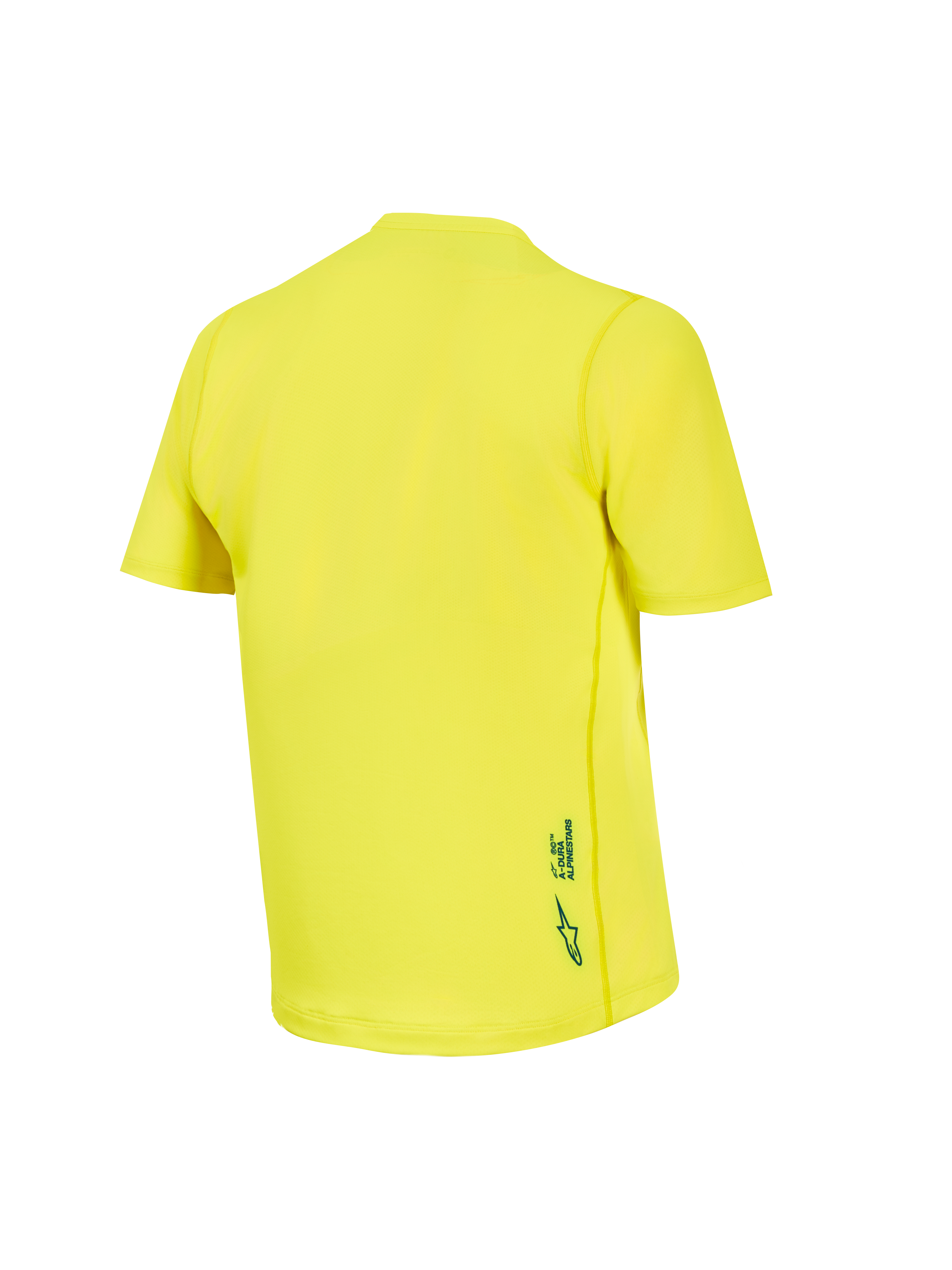 Fluogelbes A-Dura Ride Kurzarmtrikot, Rückansicht des atmungsaktiven Jacquard-MTB-Tops mit Logo-Detail.