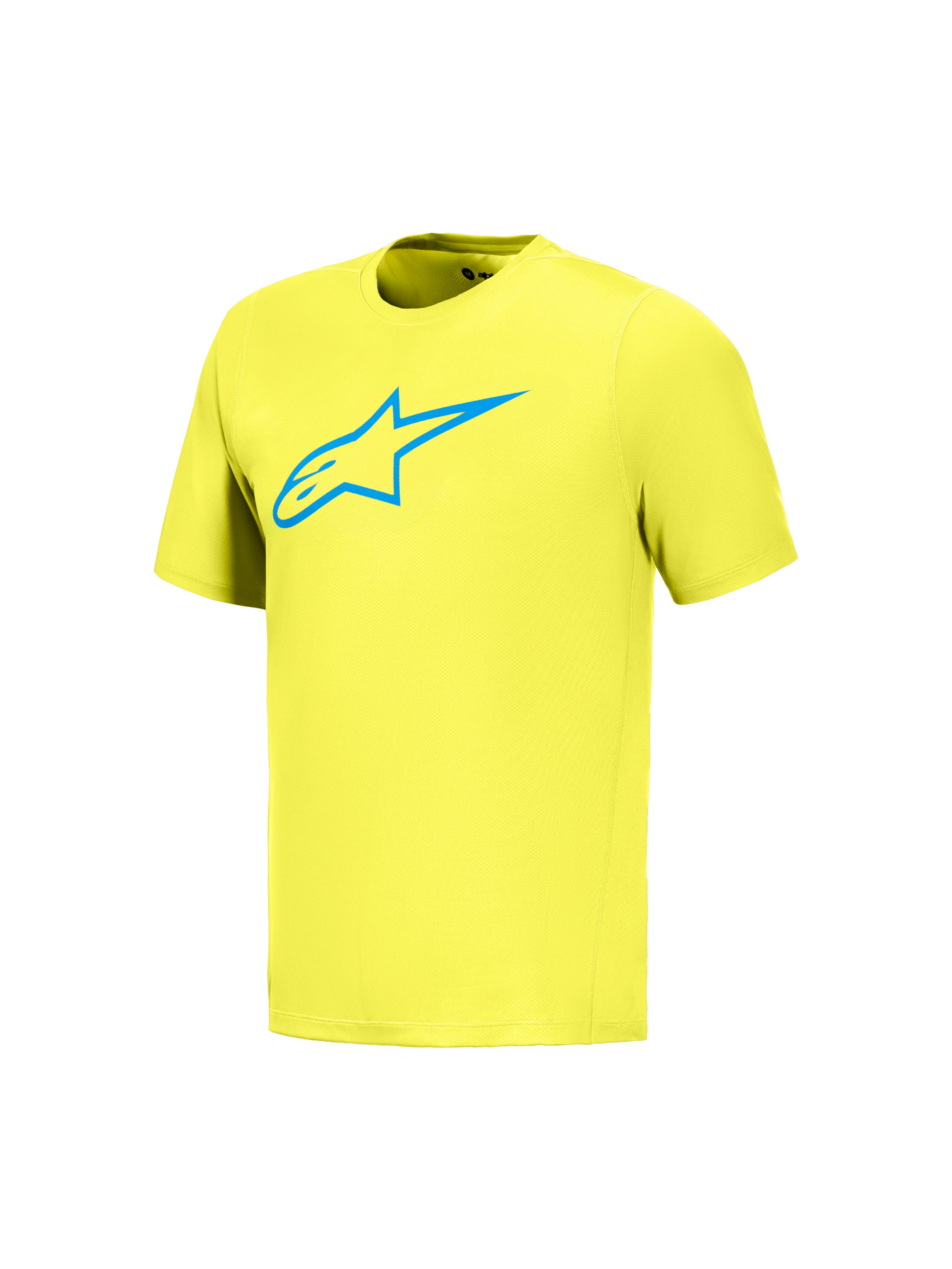 A-Dura Ride Kurzarmtrikot in Yellow Fluo mit blauem Astars-Logo, Performance-MTB-Bekleidung für Mountainbike-Touren.