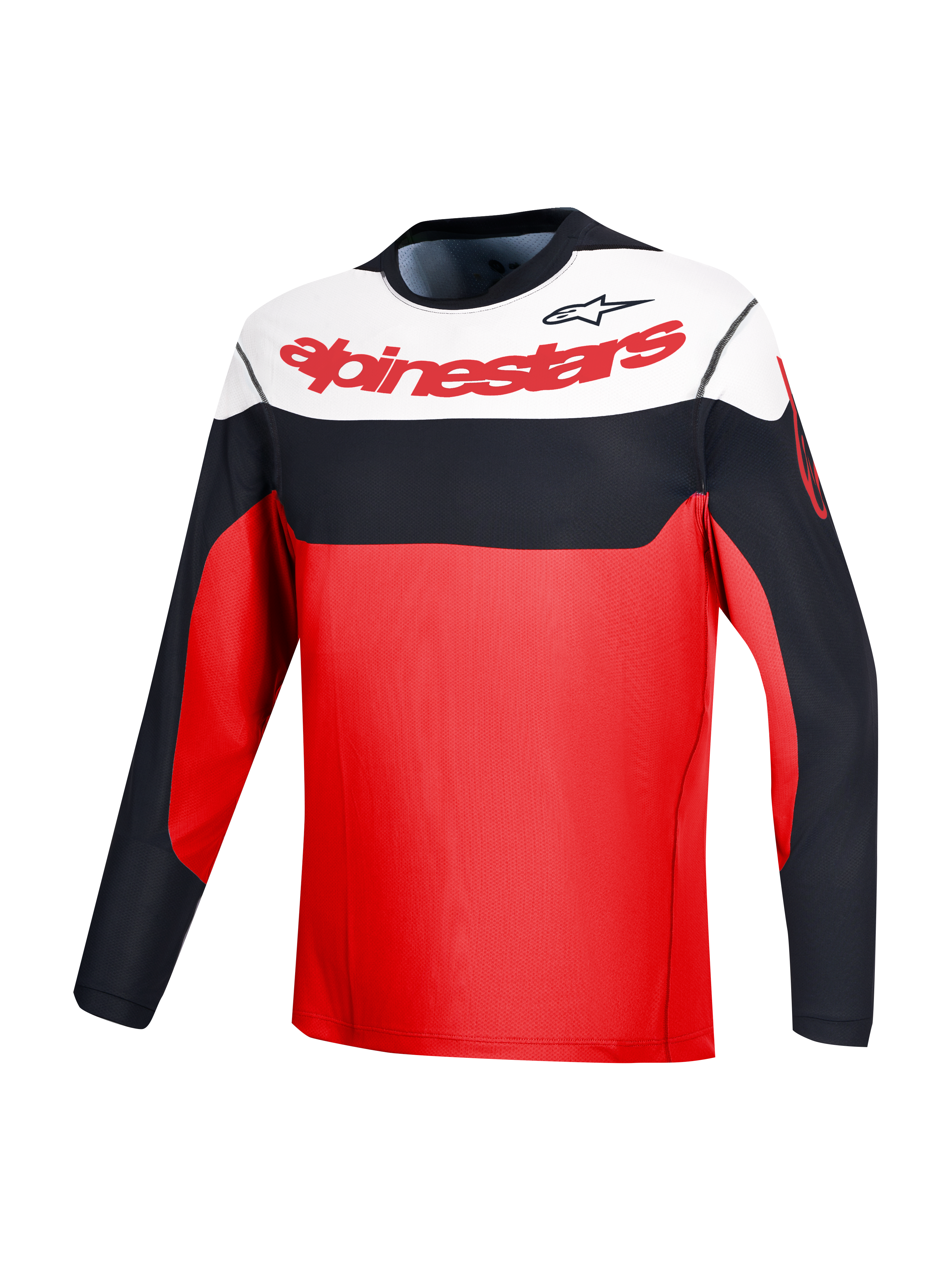 Red A-Dura Race Long Sleeve Jersey with Alpinestars branding and black and white color-blocking for MTB performance.