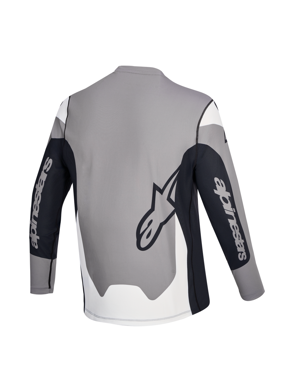 Alpinestars A-Dura Race Trikot, Langarm-MTB-Trikot, Rückansicht in Grau, Schwarz und Weiß mit Markenlogos