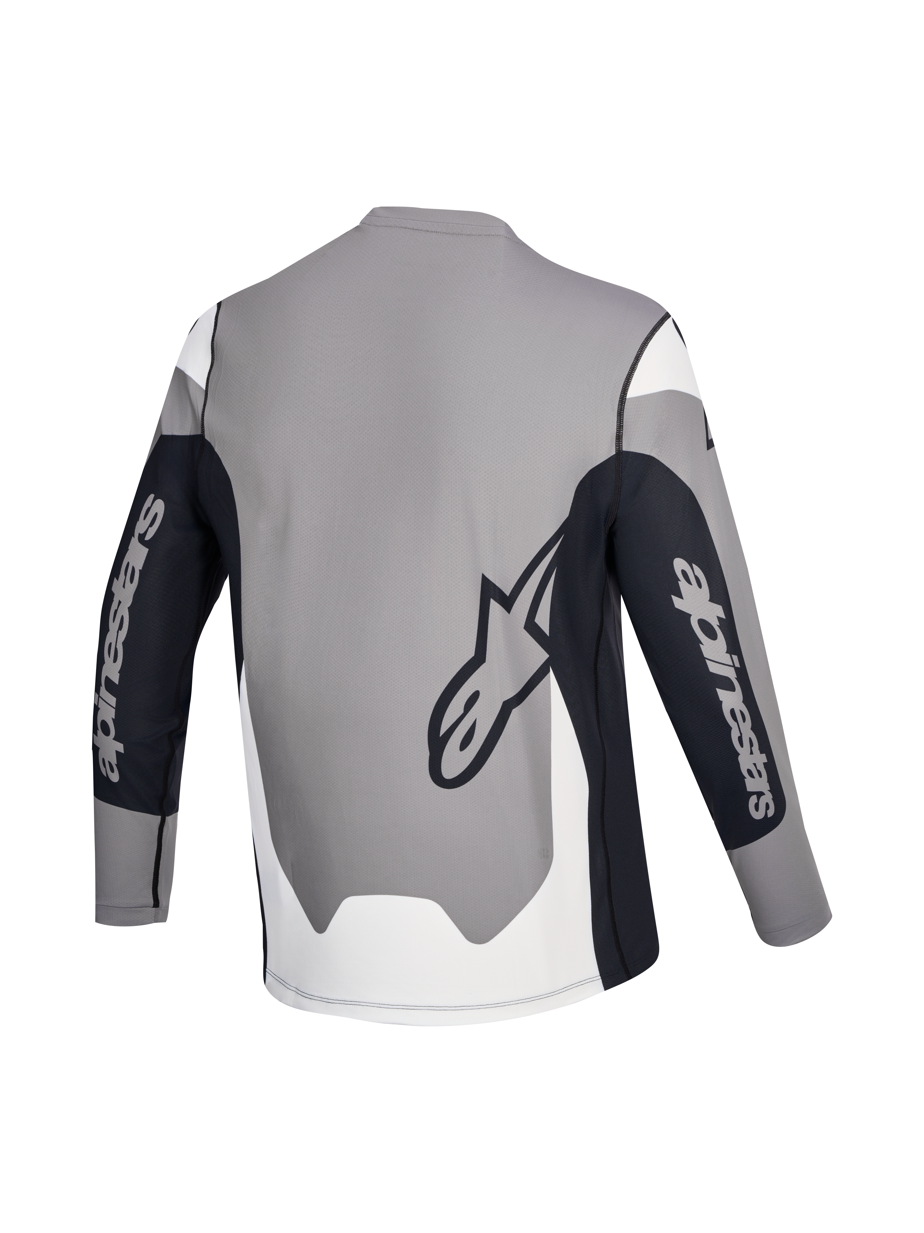 Alpinestars A-Dura Race Trikot, Langarm-MTB-Trikot, Rückansicht in Grau, Schwarz und Weiß mit Markenlogos