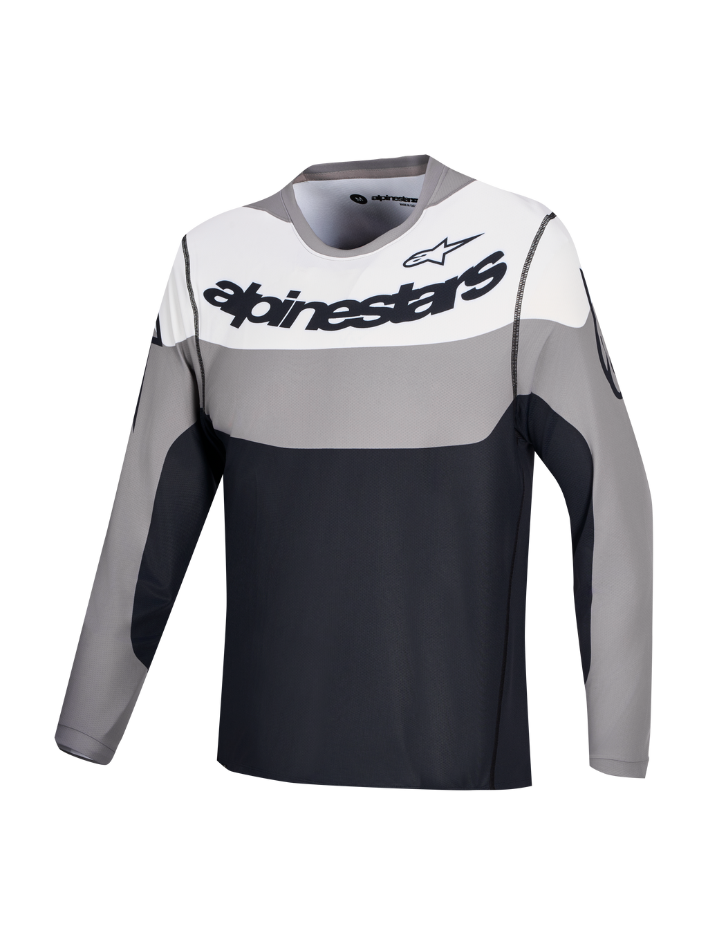 Alpinestars A-Dura Race Trikot, Langarm MTB-Trikot, Grau, Weiß und Schwarz mit schwarzem Brustlogo, leichtes Stretch-Material