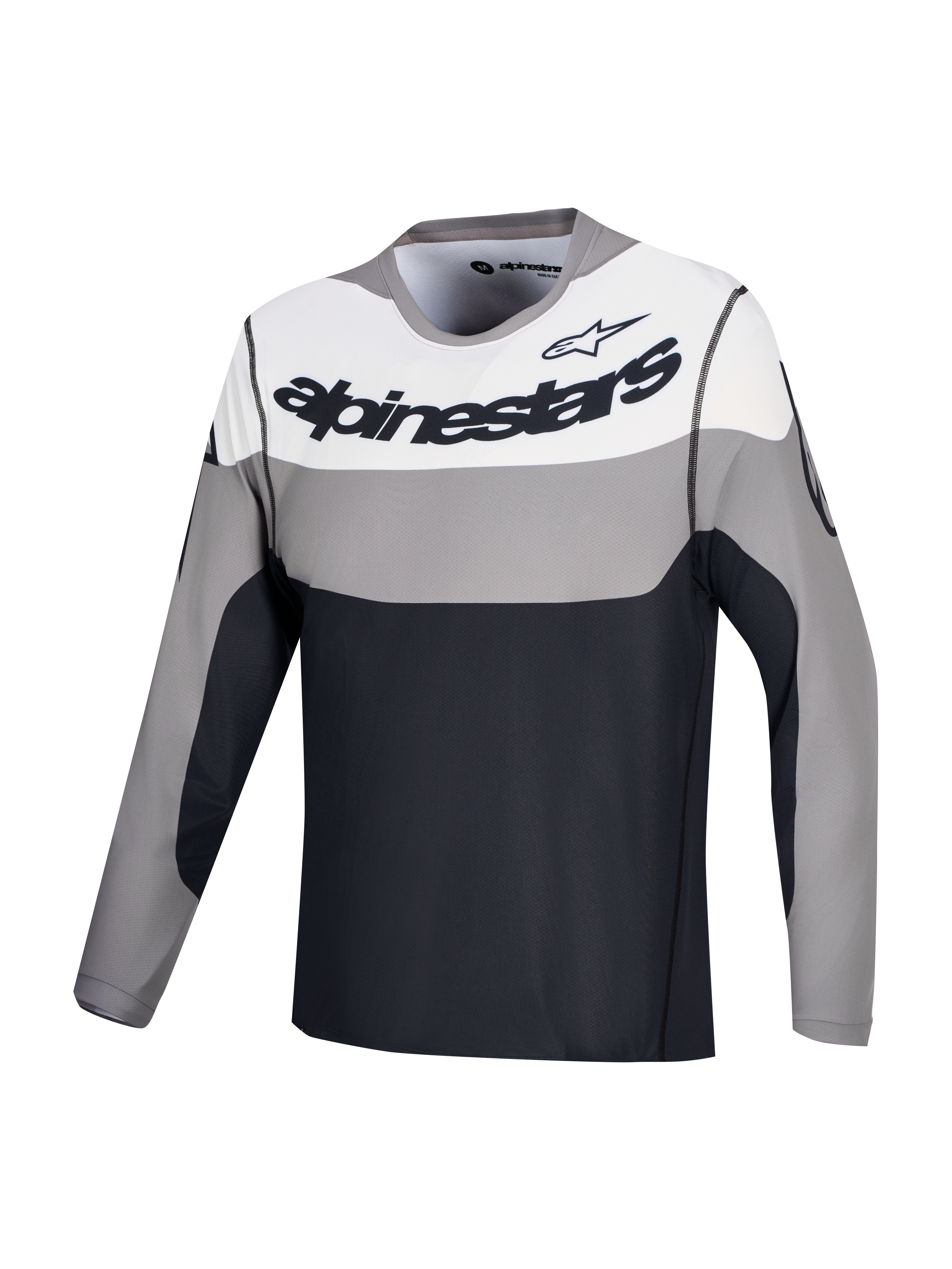 Alpinestars A-Dura Race Trikot, Langarm MTB-Trikot, Grau, Weiß und Schwarz mit schwarzem Brustlogo, leichtes Stretch-Material