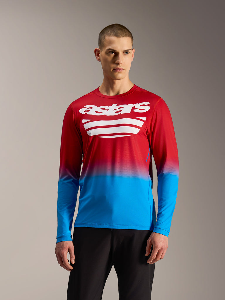 A-Dura ASTARS 2.0 Langarmtrikot, rot-blauer Farbverlauf mit weißem Brustlogo, Performance-Mountainbike-Bekleidung.