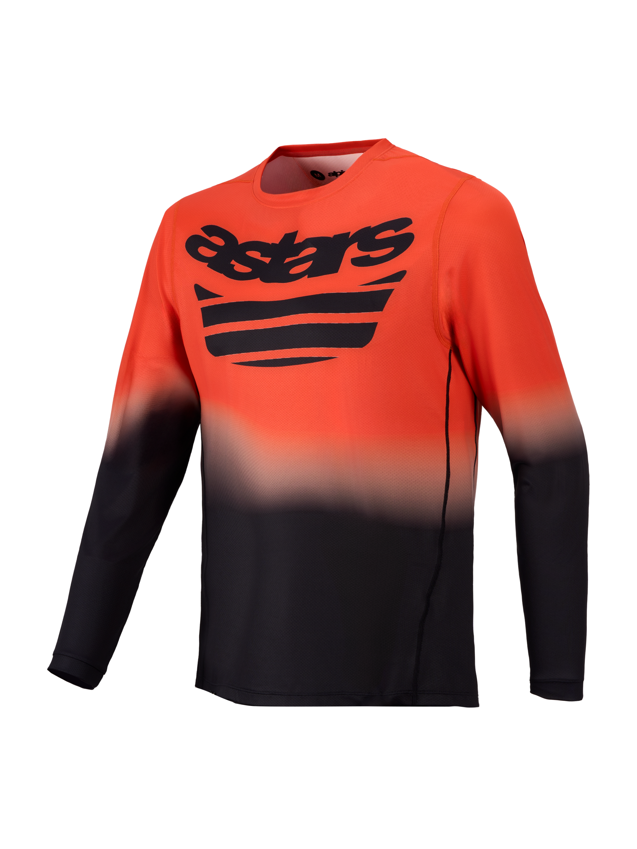 Alpinestars A-Dura ASTARS Jersey 2.0, orange-schwarzes Langarm-MTB-Trikot mit Farbverlauf und Logo auf der Brust.