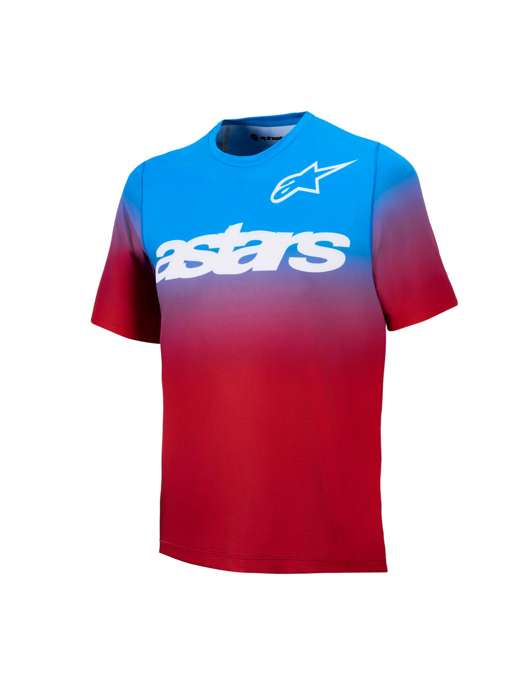 A-Dura ASTARS Jersey 2.0, Kurzarm-MTB-Trikot in hellrot-blauem Farbverlauf mit markanten weißen Brustgrafiken.