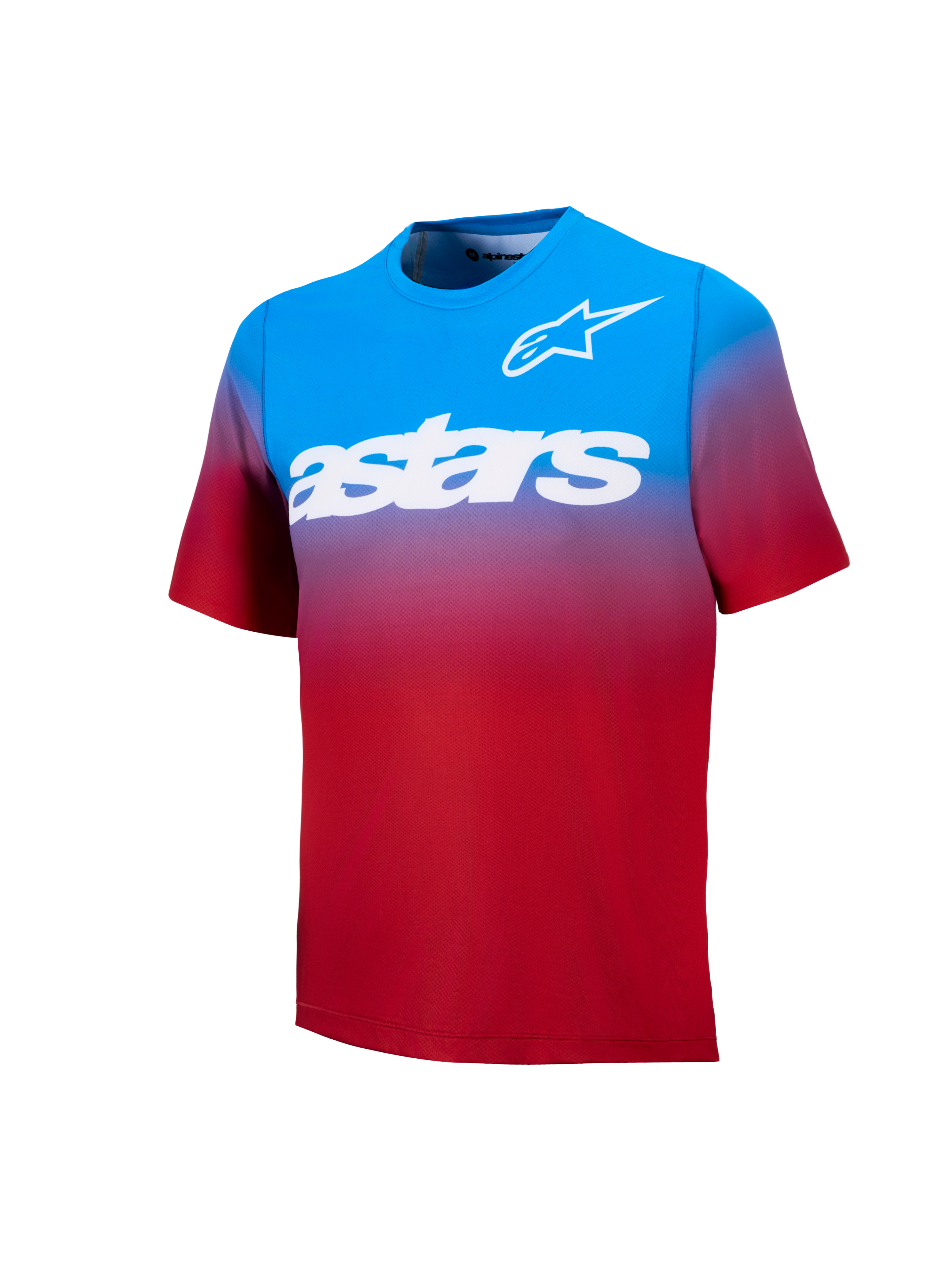 A-Dura ASTARS Jersey 2.0, Kurzarm-MTB-Trikot in hellrot-blauem Farbverlauf mit markanten weißen Brustgrafiken.