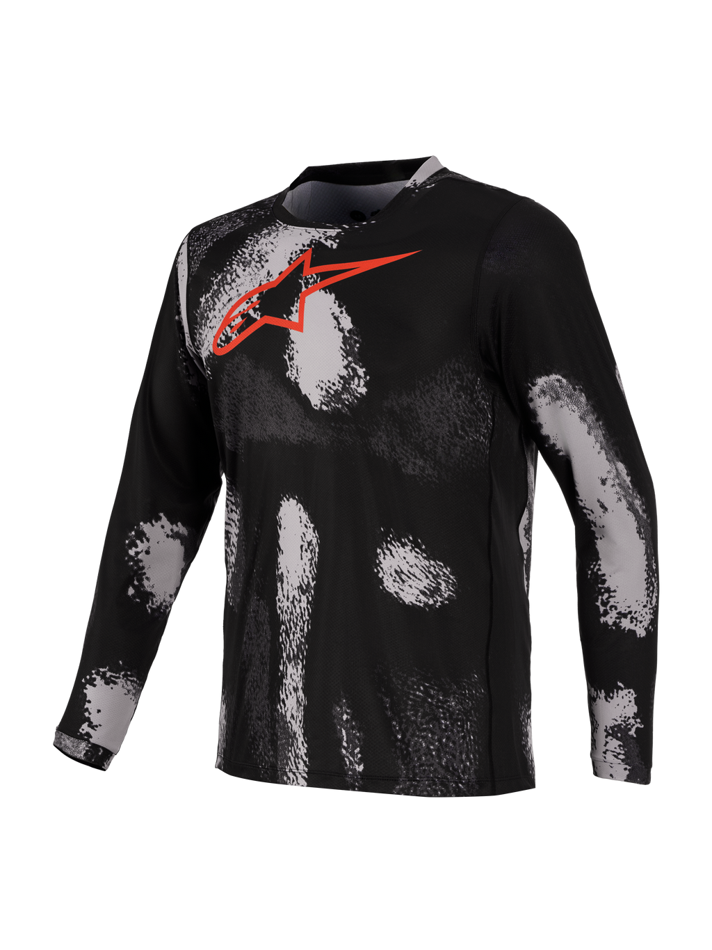 Alpinestars A-Dura Ride Trikot, Langarm-Mountainbike-Trikot, Schwarz und Grau mit rotem Astars-Logo auf der Brust, aus schnelltrocknendem Funktionsgewebe.