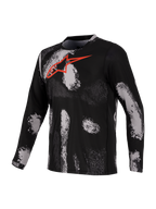 Alpinestars A-Dura Ride Trikot, Langarm-Mountainbike-Trikot, Schwarz und Grau mit rotem Astars-Logo auf der Brust, aus schnelltrocknendem Funktionsgewebe.