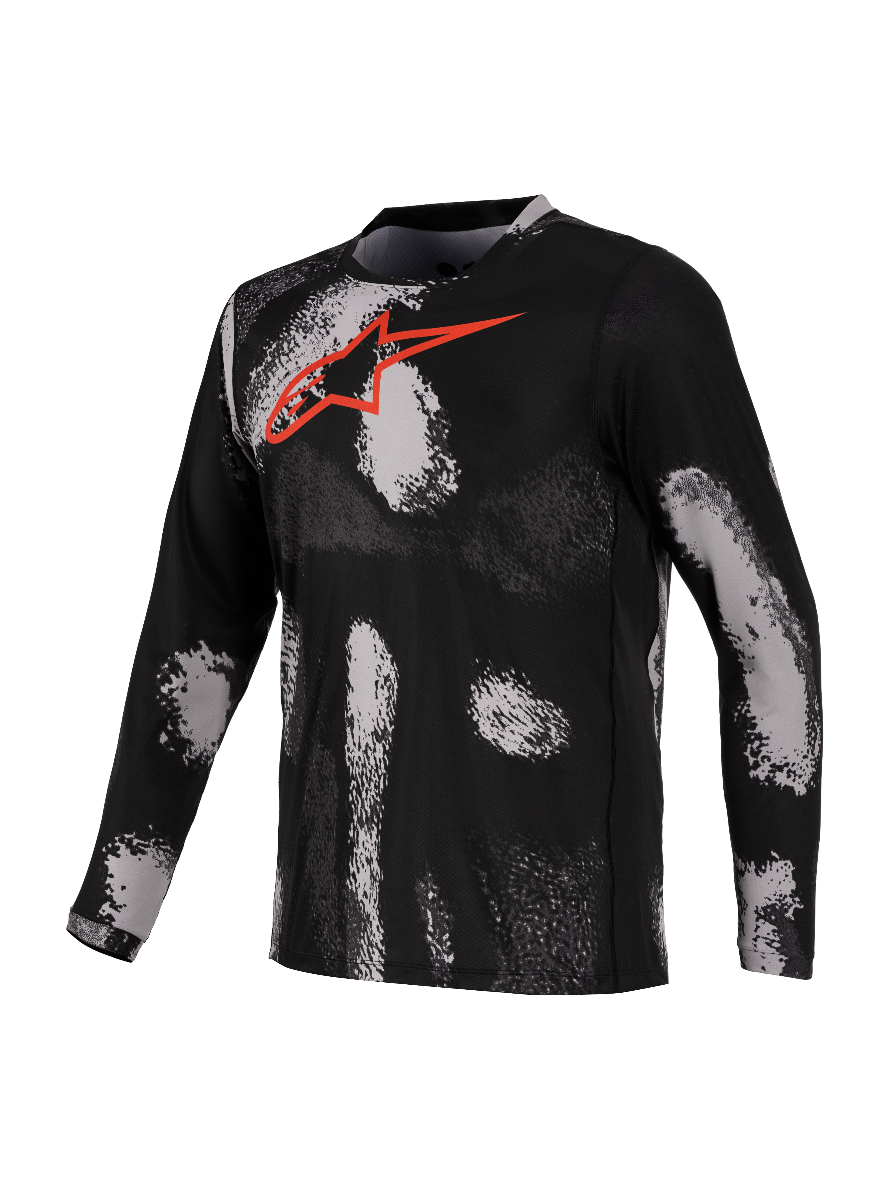 Alpinestars A-Dura Ride Trikot, Langarm-Mountainbike-Trikot, Schwarz und Grau mit rotem Astars-Logo auf der Brust, aus schnelltrocknendem Funktionsgewebe.